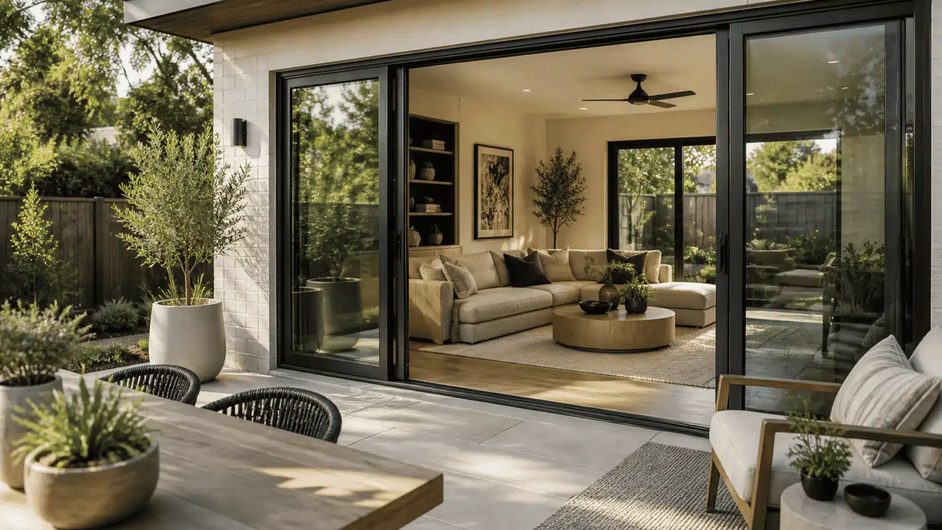 Modern patio with wide sliding glass door opening into bright living room