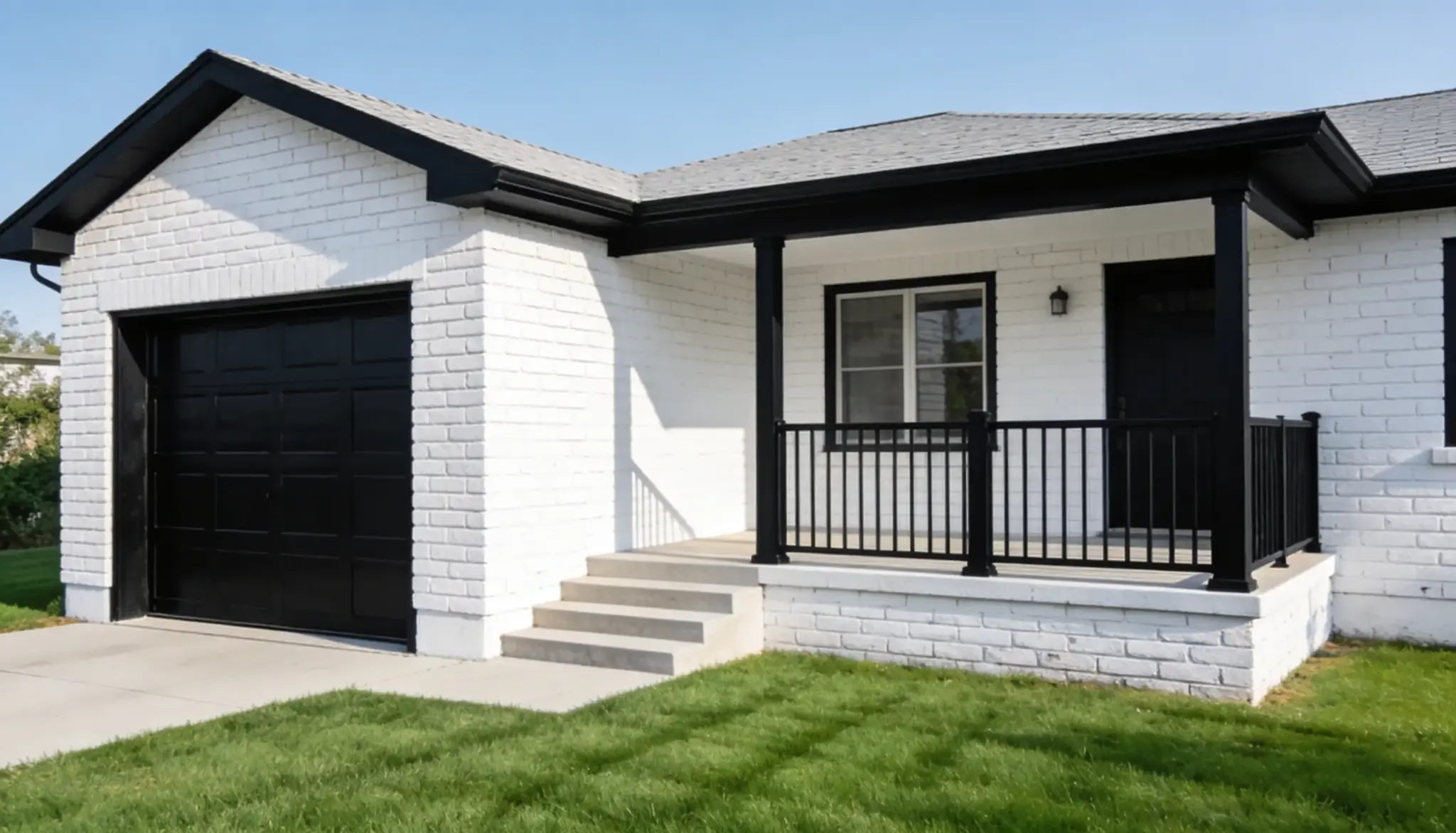 Modern ranch-style house featuring white painted brick, black trim, a black garage door, and a small covered porch with black railings under a clear blue sky