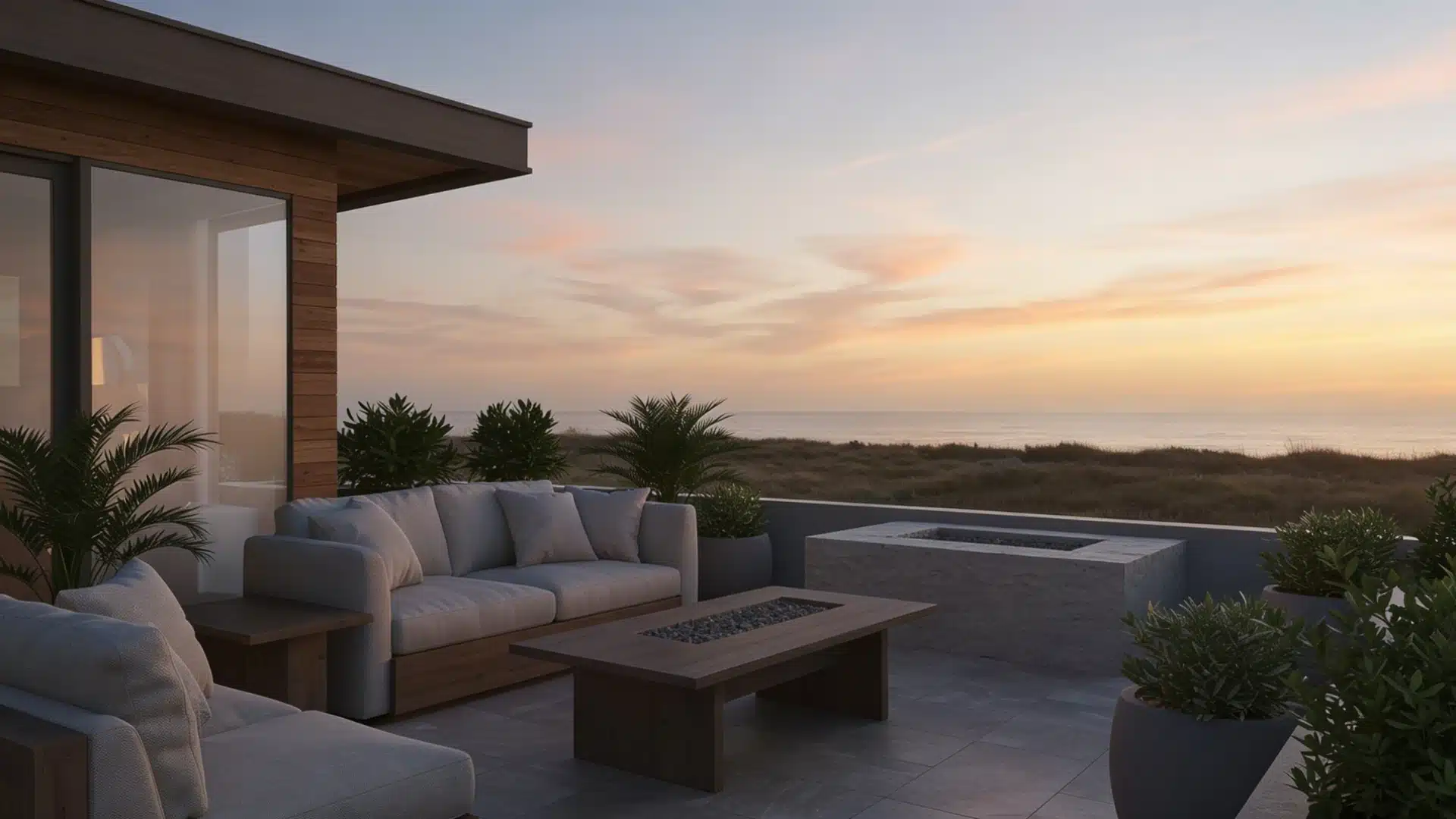 Modern rooftop seating area with a fire pit, coffee table, overlooking an ocean sunset over dunes