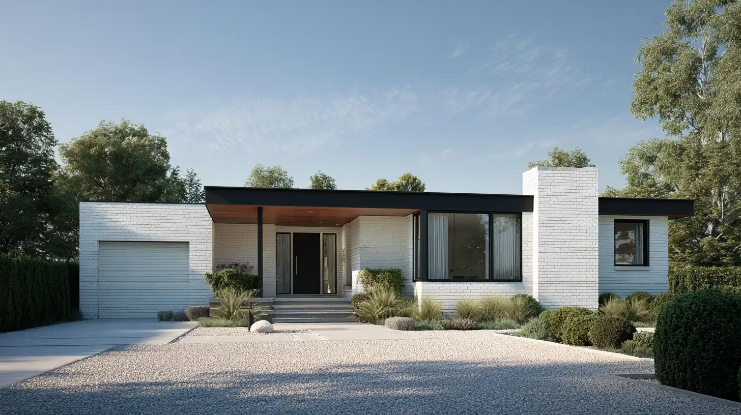 Modern single-story home featuring white brick, a black flat roofline, an integrated garage, and a light gravel driveway surrounded by mature greenery under a clear blue sky
