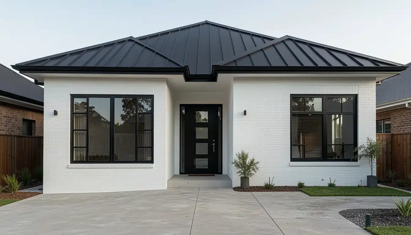 Modern single-story house with white painted brick, a black standing seam metal roof, and black-framed windows surrounding a black front door