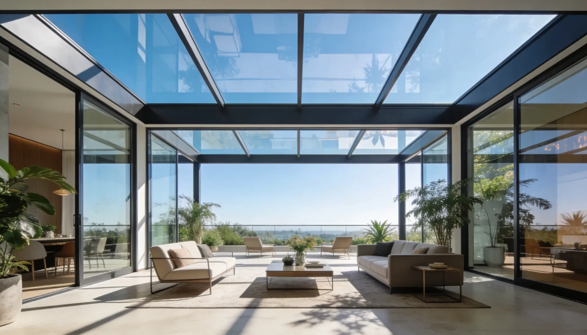 Modern sunroom or conservatory with a glass ceiling modern beige sofas a coffee table and expansive views of a bright sunny cityscape