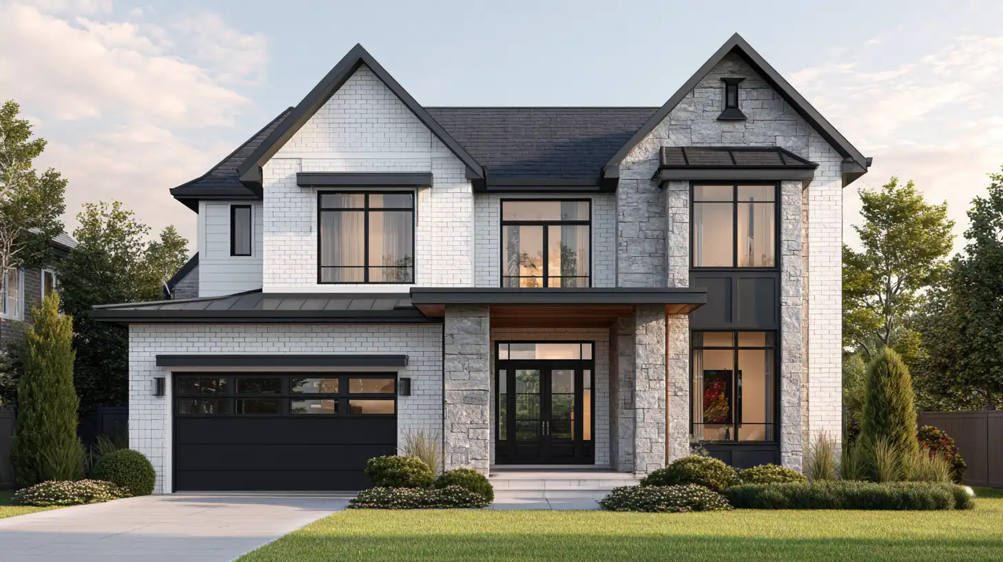 Modern two-story home featuring white brick and gray stone accents, dark trim, a black garage door, and manicured landscaping under a cloudy sky