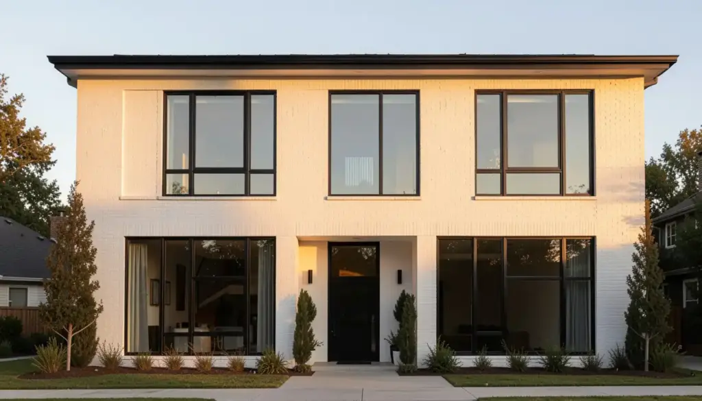 Modern two-story house with large black-framed windows, a central black door, and white brick facade, surrounded by small shrubs and warm evening light