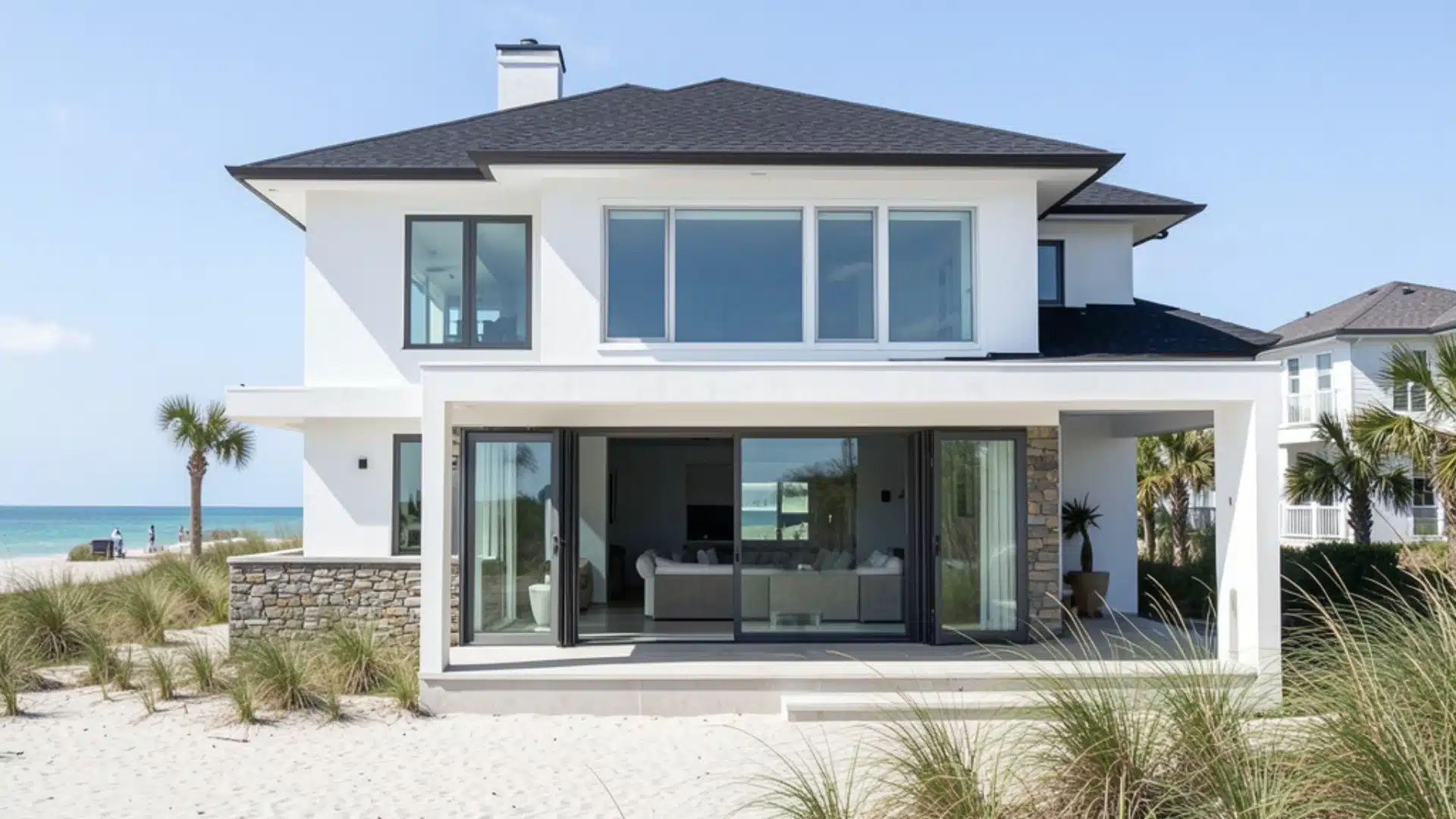 Modern, two-story white beach house with a black roof overlooking white sand dunes leading to the ocean under a clear blue sky.