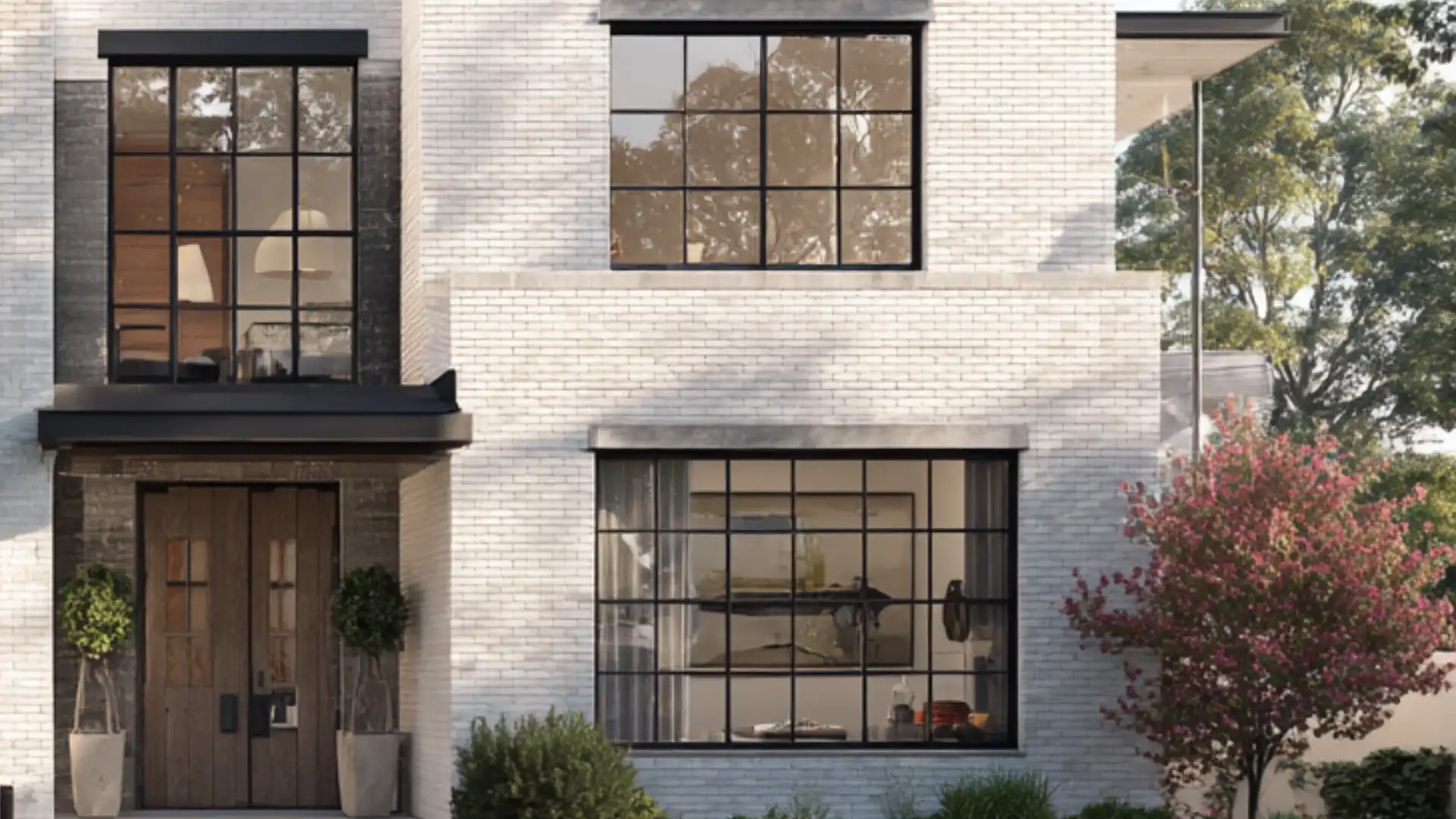 Modern white brick facade featuring large, black-grid industrial windows, a wooden double door entrance, and landscaping including a small tree with pink blossoms