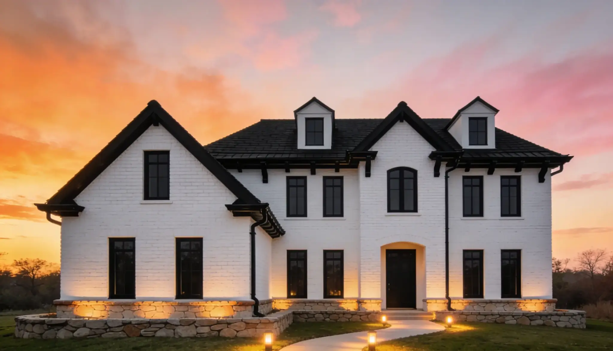 Modern white brick farmhouse with black trim and windows stands illuminated against a vibrant pink and orange sunset sky
