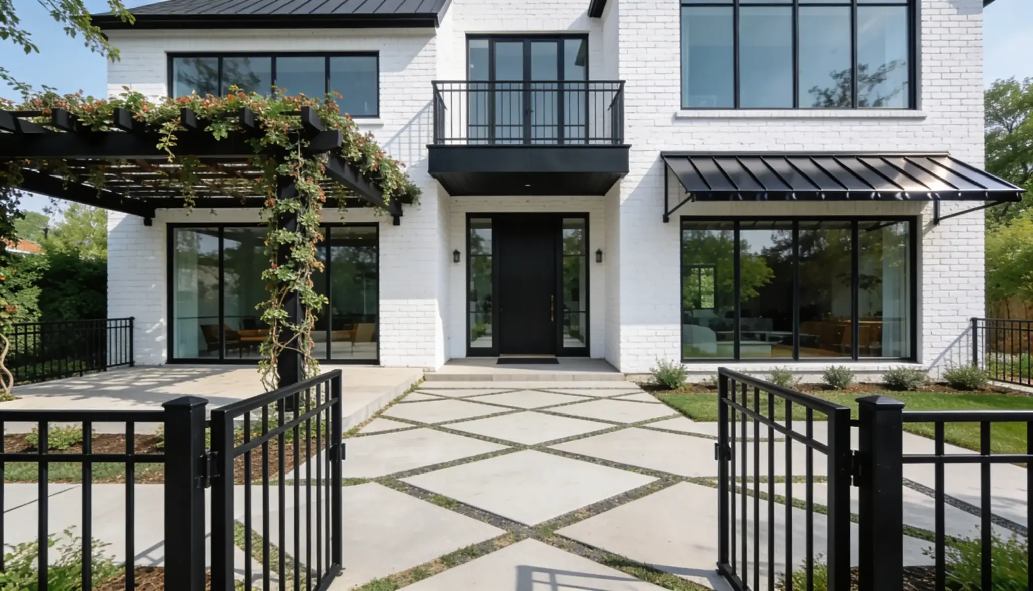 Modern white brick home exterior featuring a black entryway, large black-framed windows, a second-story balcony, and a diamond-patterned concrete walkway leading from a black metal gate