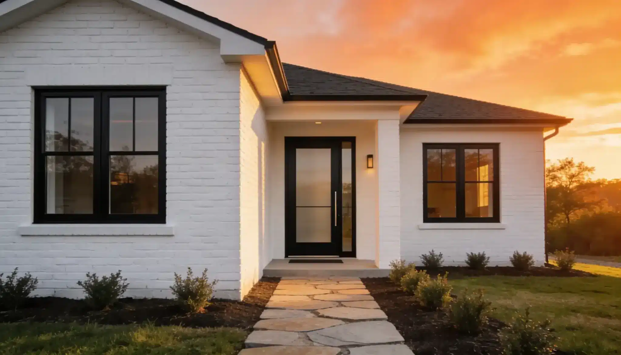 Modern white brick house entrance featuring black-framed windows and a modern black glass door under a vibrant orange sunset sky