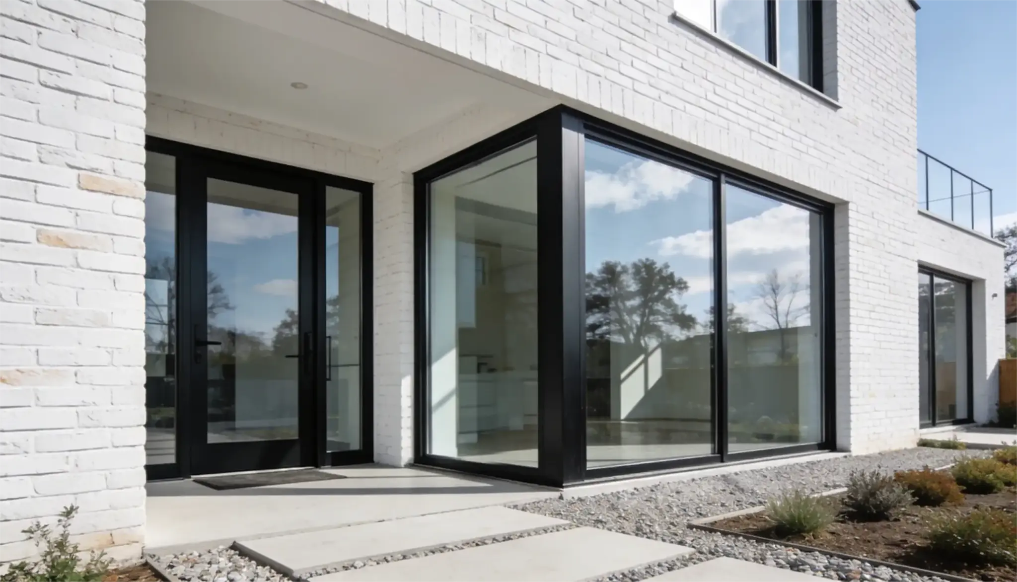 Modern white brick house exterior featuring black-framed glass doors and large corner windows above a concrete and gravel pathway
