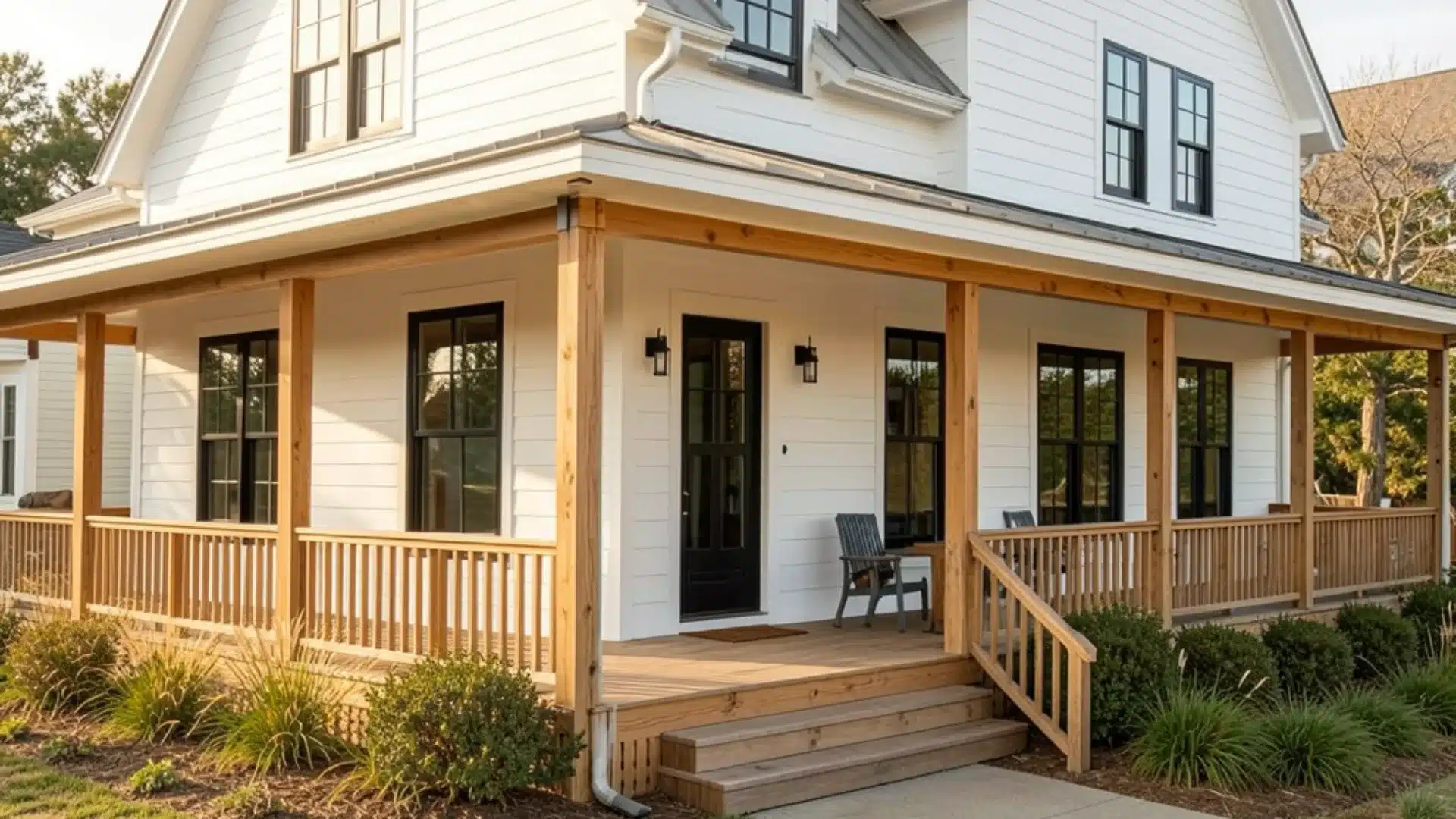 Modern white farmhouse with black windows and a full wraparound porch featuring natural wood pillars and railings.