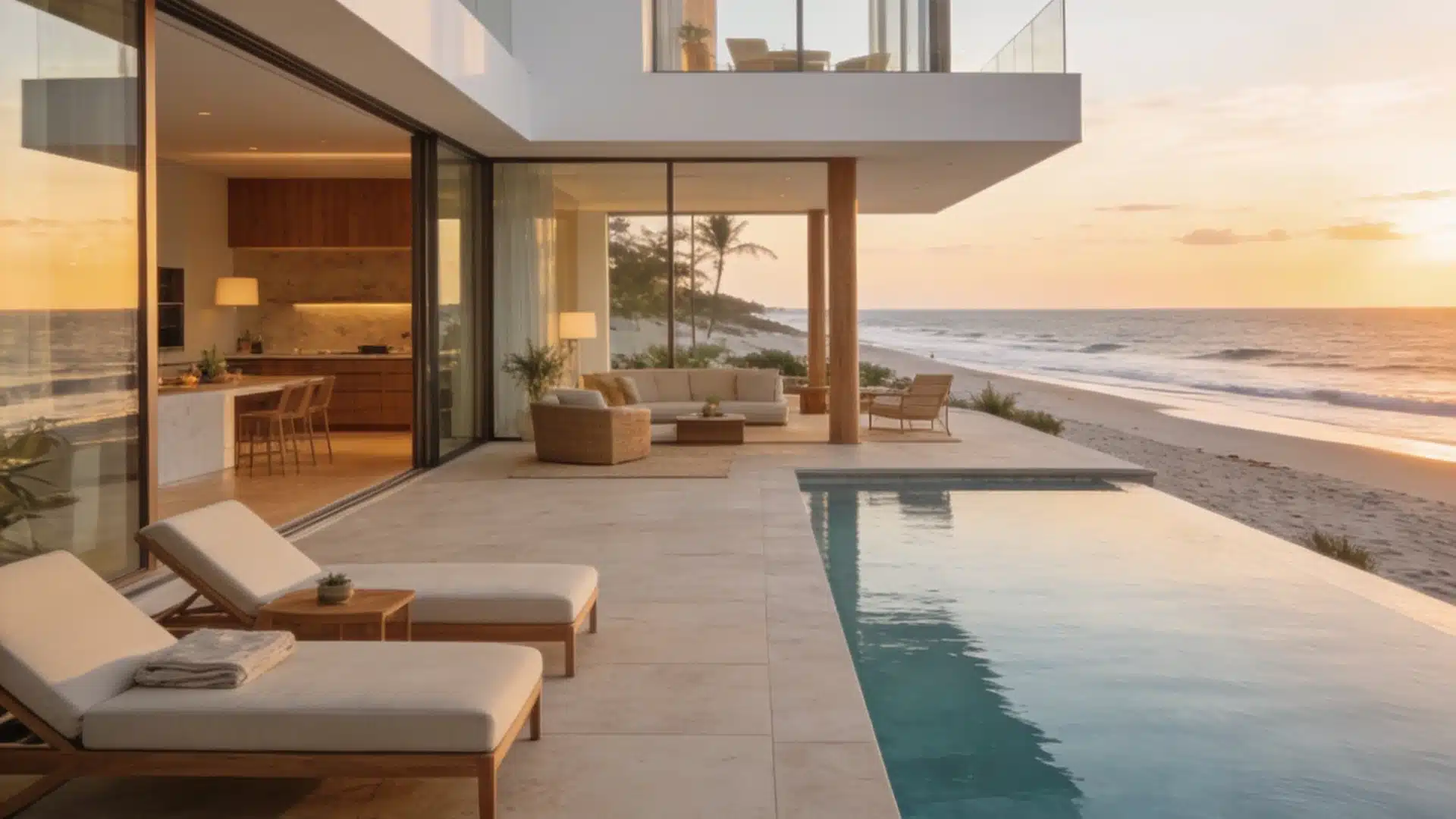 Modern, white, two-story beachfront home with large glass windows, an infinity pool, and outdoor lounge areas at sunset.