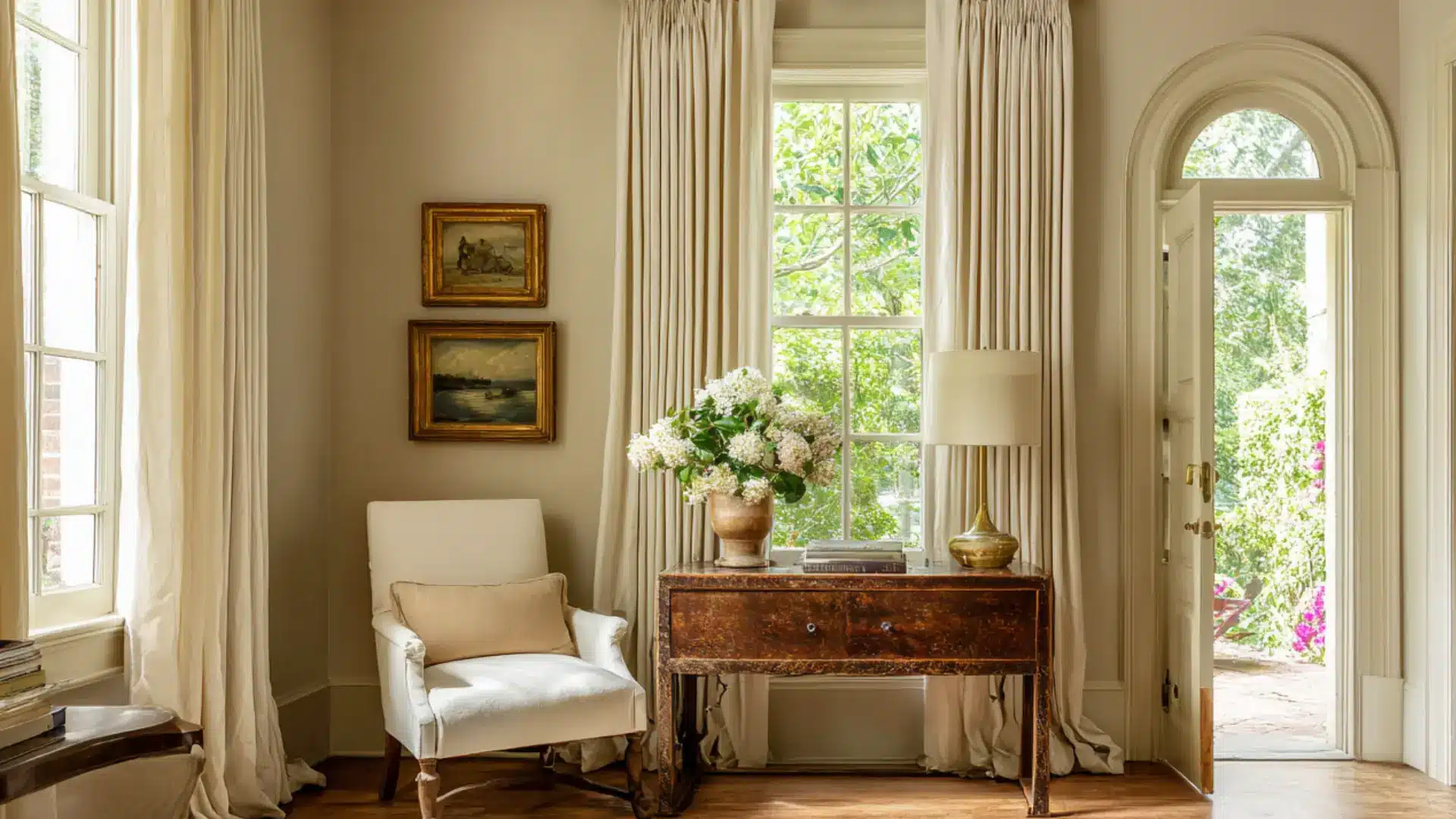 oom with cream drapes a white armchair wood console table and an arched doorway leading to a bright garden path