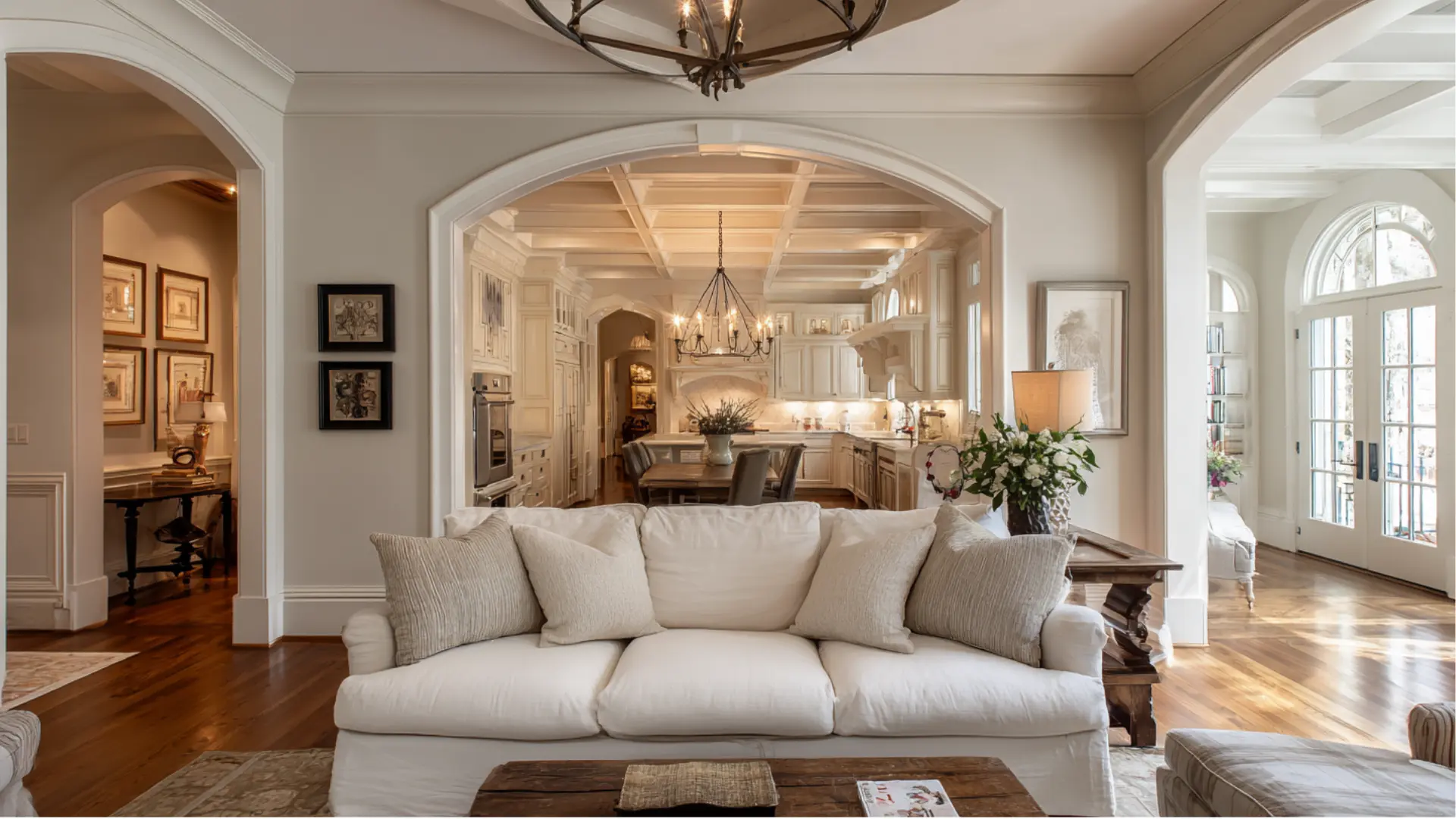 Open concept home with white sofa and wood floors looking through an arched doorway into a bright kitchen with island
