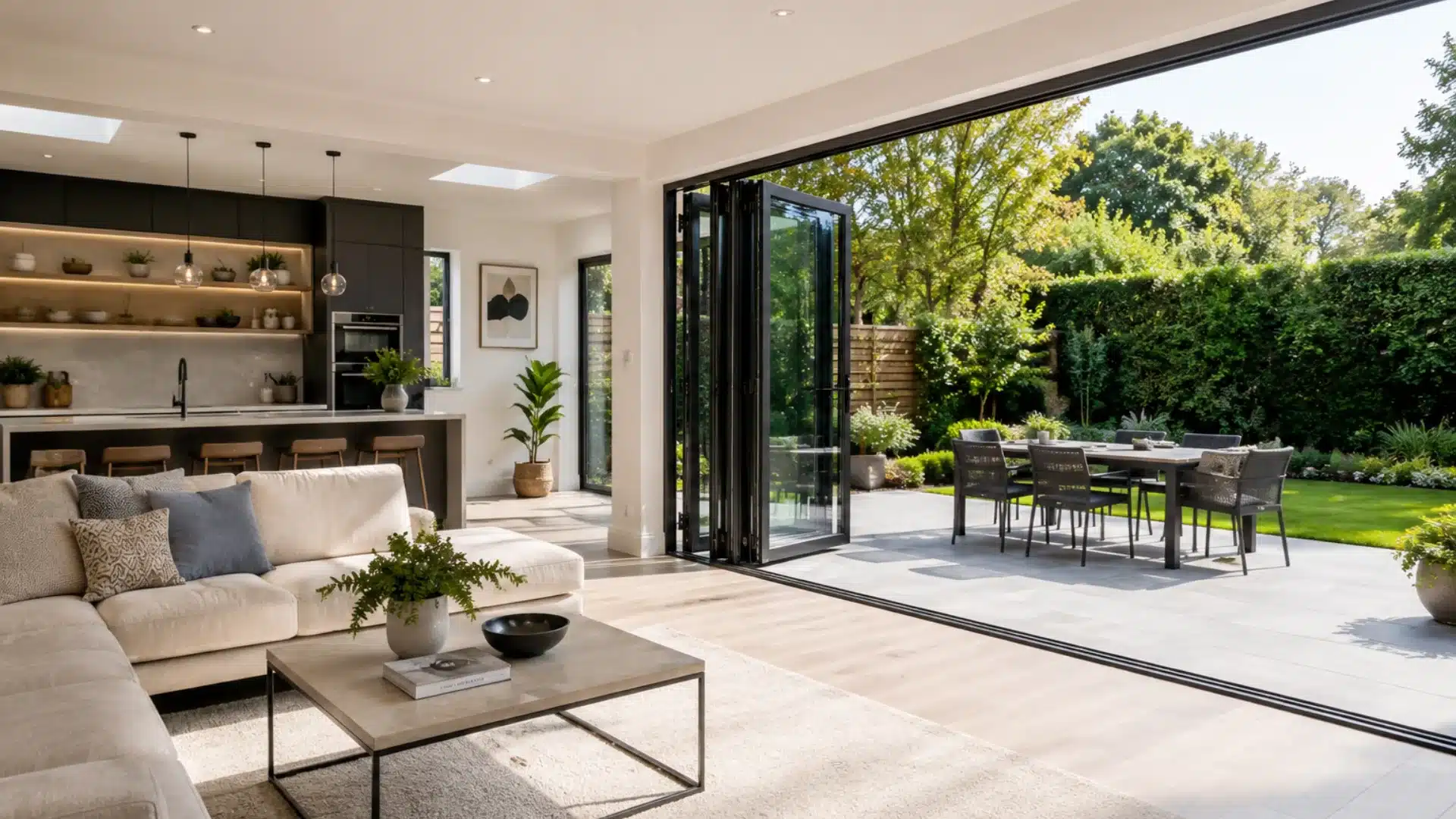 Open-plan kitchen and living area with bifold patio doors opening to outdoor patio