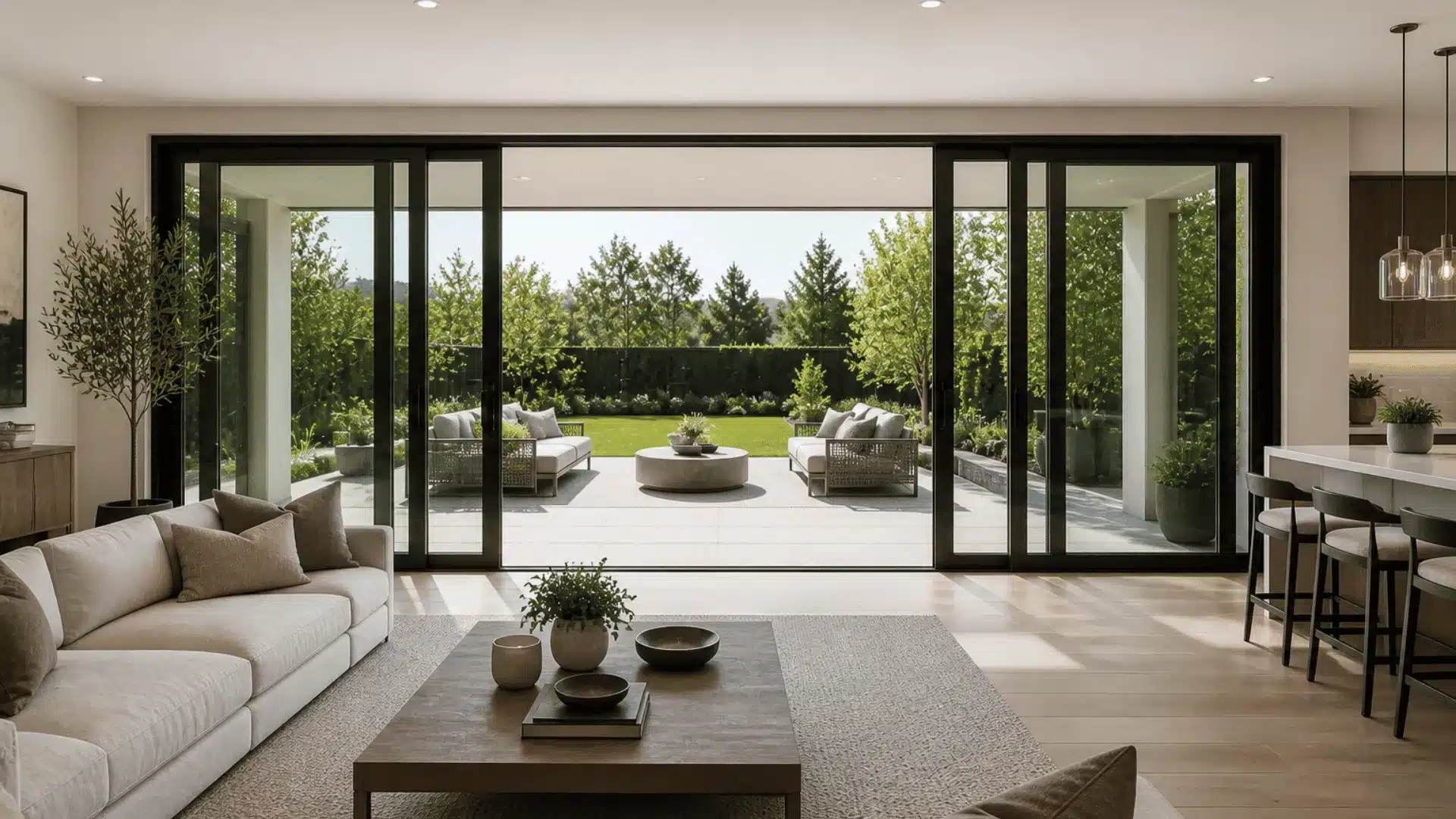 Open plan living area with four panel sliding glass door and patio access