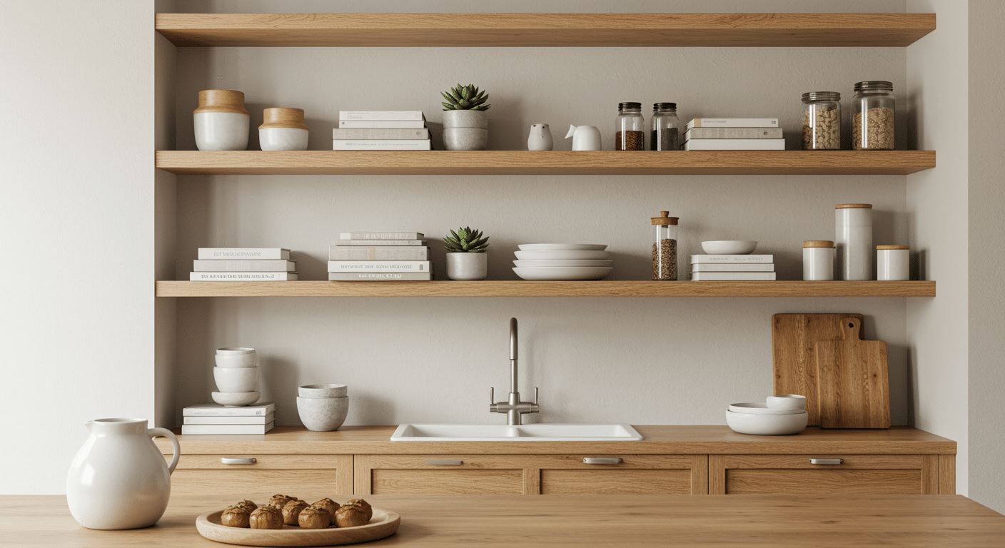 Minimal wooden kitchen shelves with neutral decor, ceramic dishes, plants, and organized open storage design