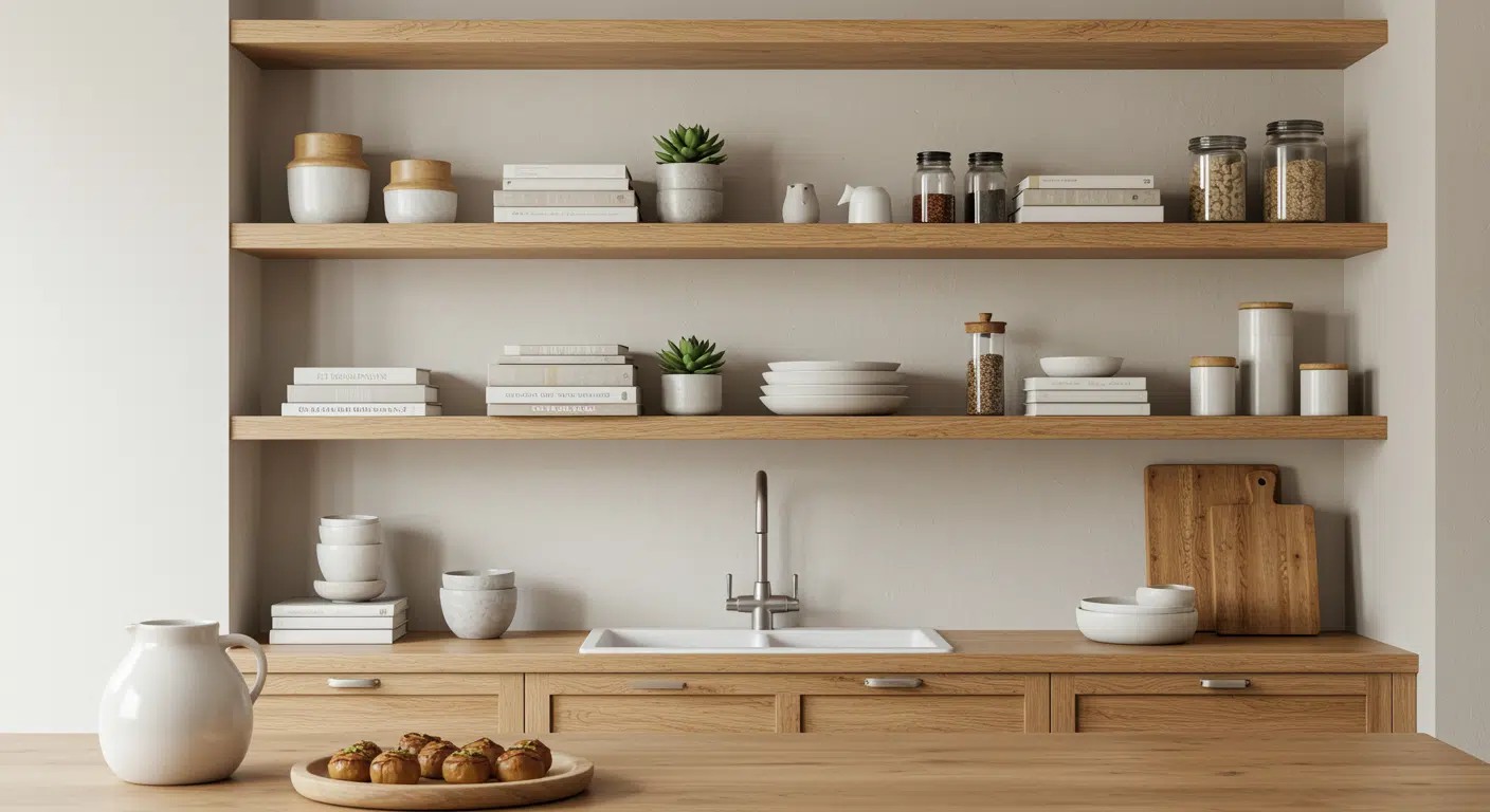 Minimal wooden kitchen shelves with neutral decor, ceramic dishes, plants, and organized open storage design