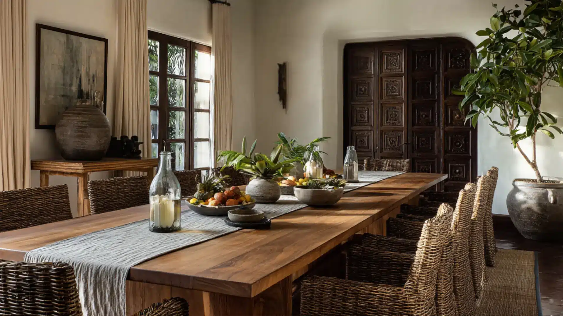 Outdoor patio with a wood table wicker chairs hanging lanterns and lush green tropical plants in stone pots under a roof (1) (1)