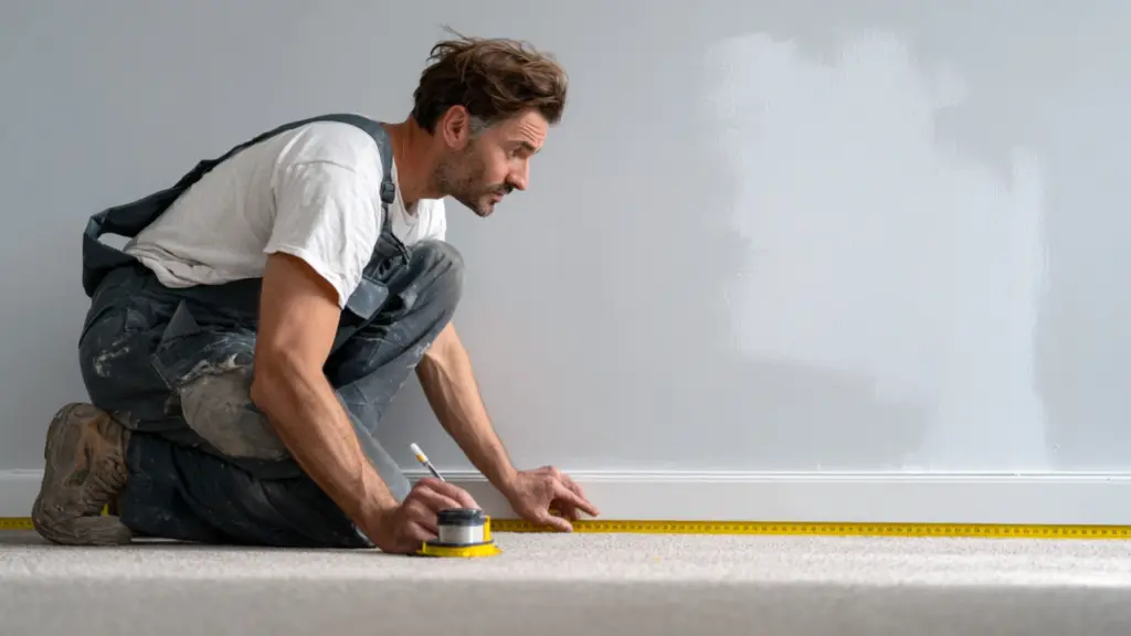 Painter measuring the wall area before starting interior painting project, an important step when estimating cost to paint interior of house