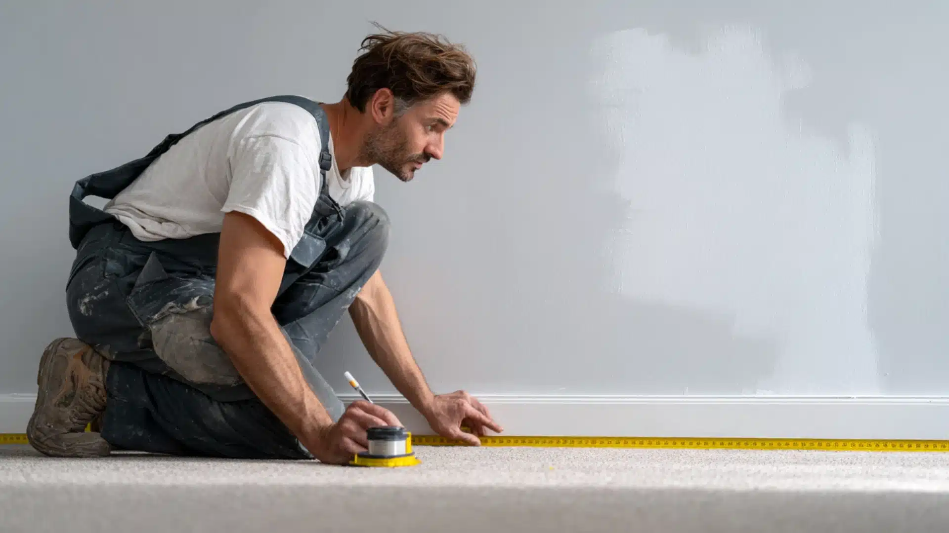 Painter measuring the wall area before starting interior painting project, an important step when estimating cost to paint interior of house