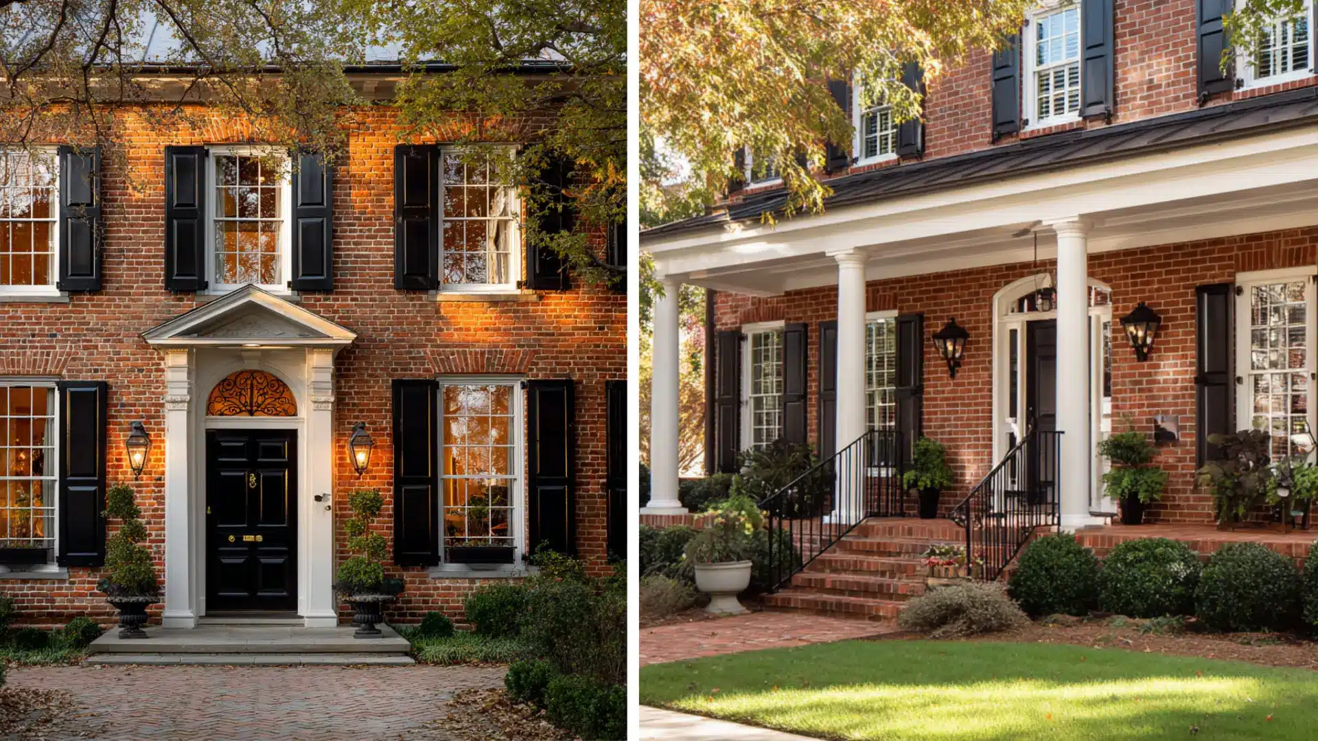 Red brick house with black shutters white trim and a large front porch featuring white colums