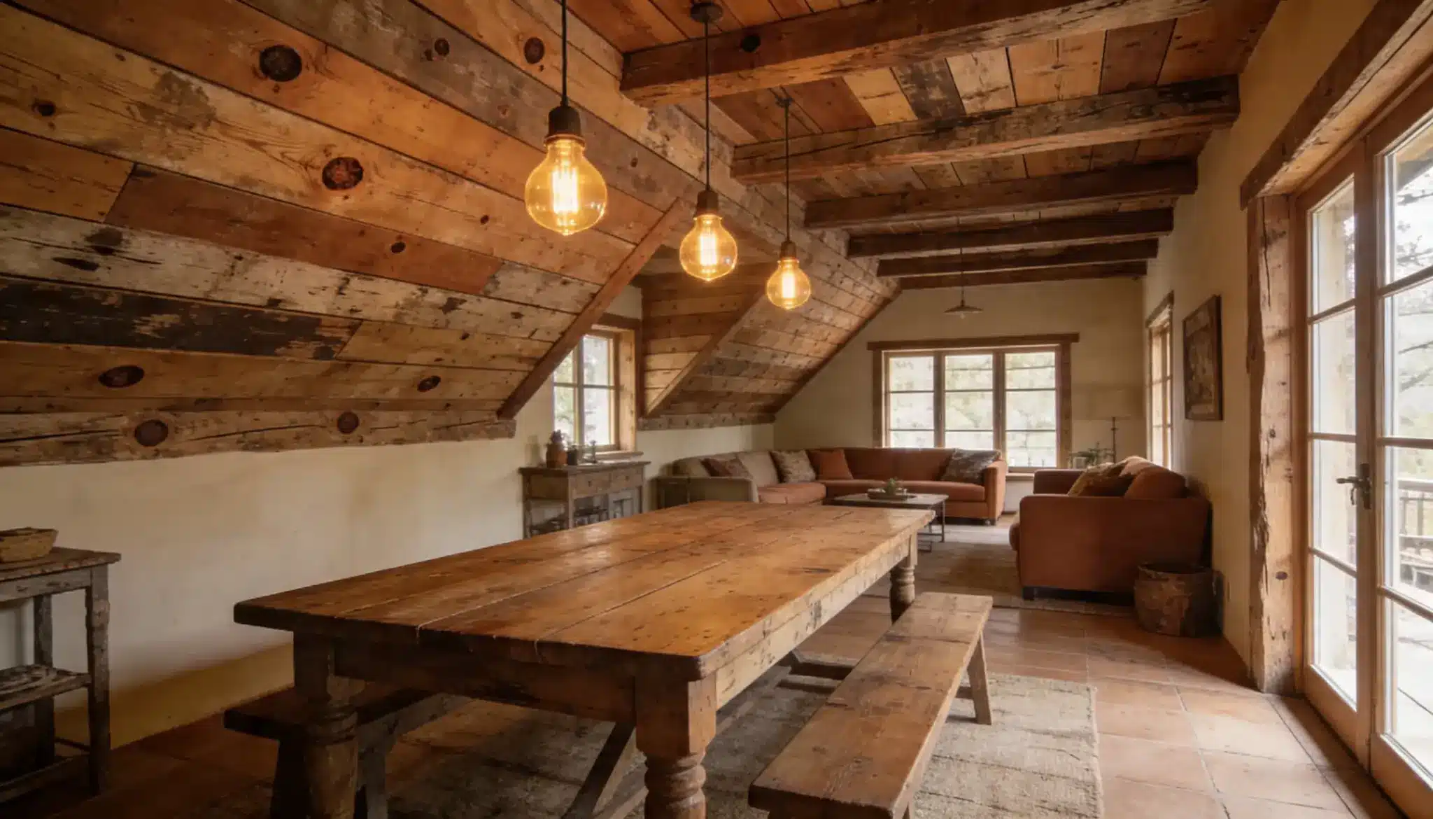 Rustic attic space featuring a large reclaimed wood dining table exposed wood beam ceiling and an adjacent living area with terracotta tile floors