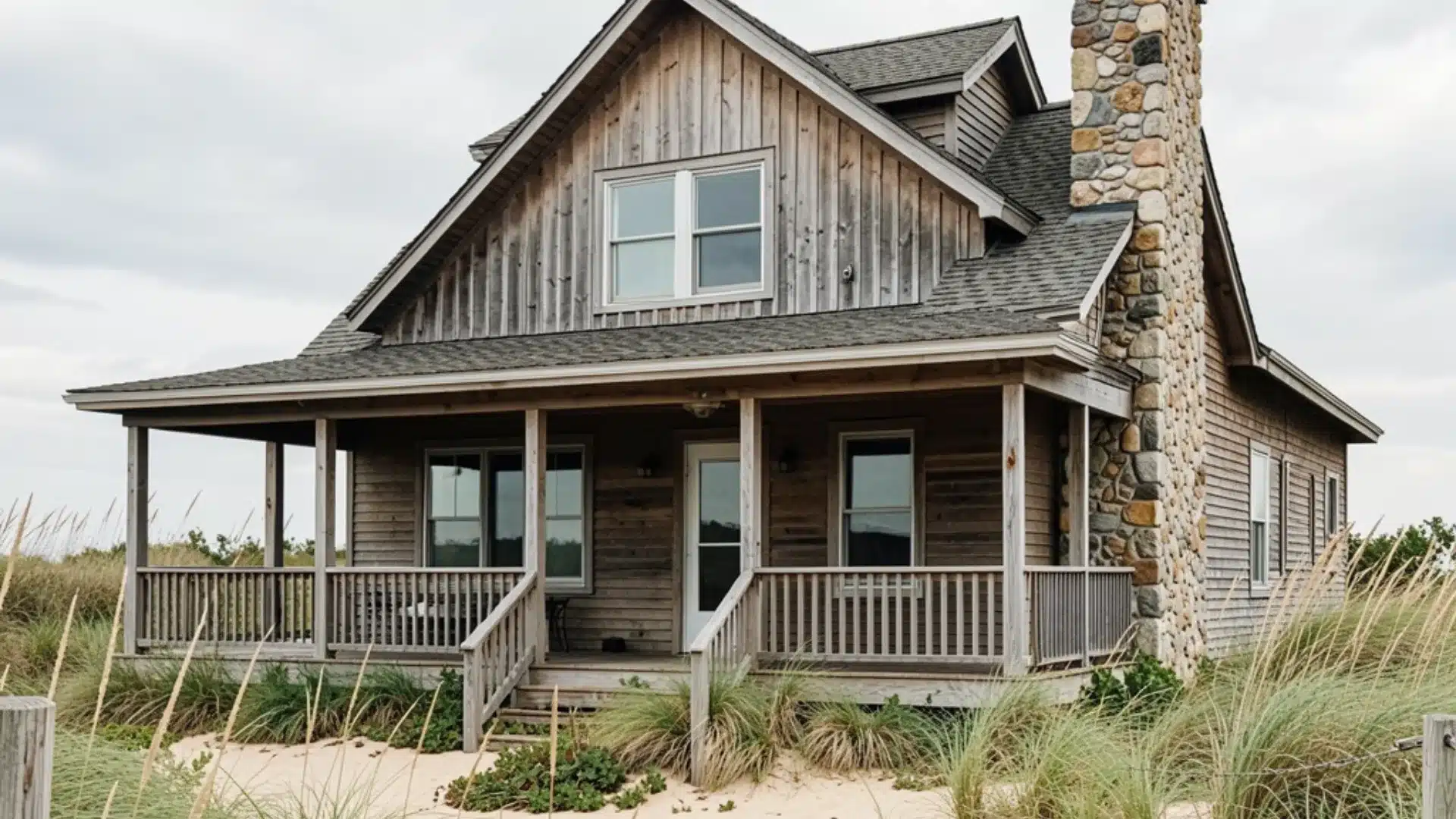 Rustic beach house exterior with weathered wood siding, a large stone chimney, wraparound porch, and sandy dunes covered in beach grass under a cloudy coastal sky.