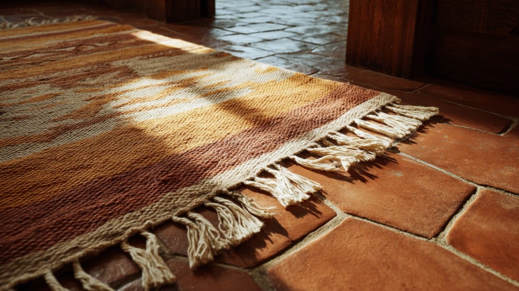 rustic handwoven rug on terracotta tile floor