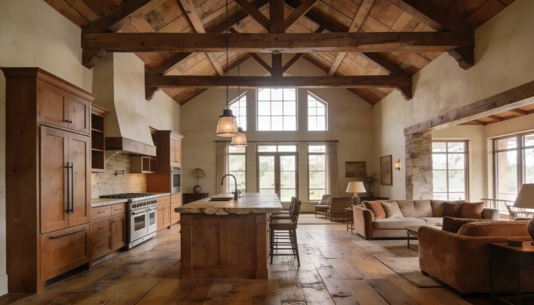 Rustic kitchen and living area with wooden floors exposed beams and stone accents