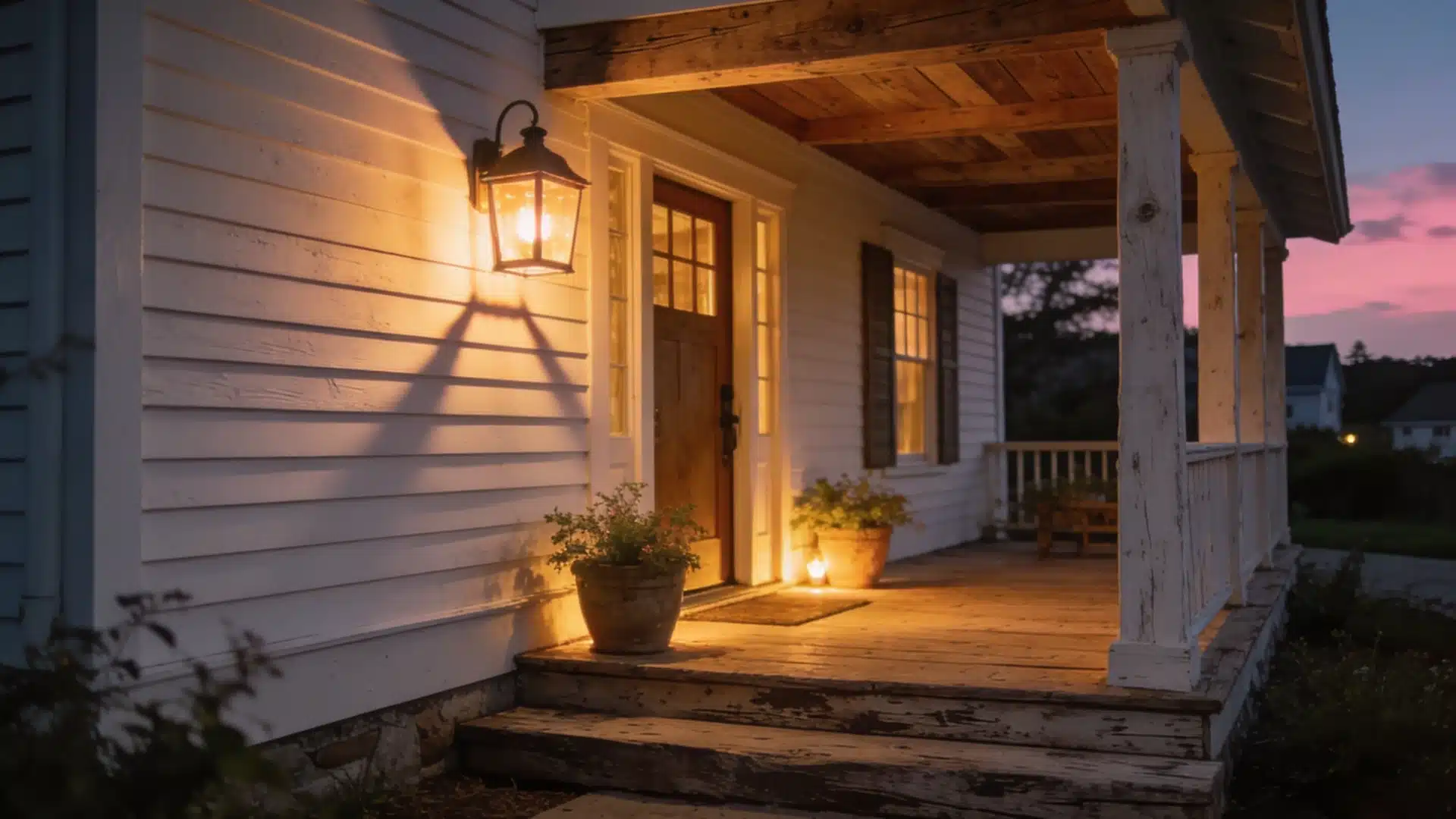 Rustic white farmhouse porch illuminated by a glowing lantern at twilight with a pink and blue sky visible in the background.