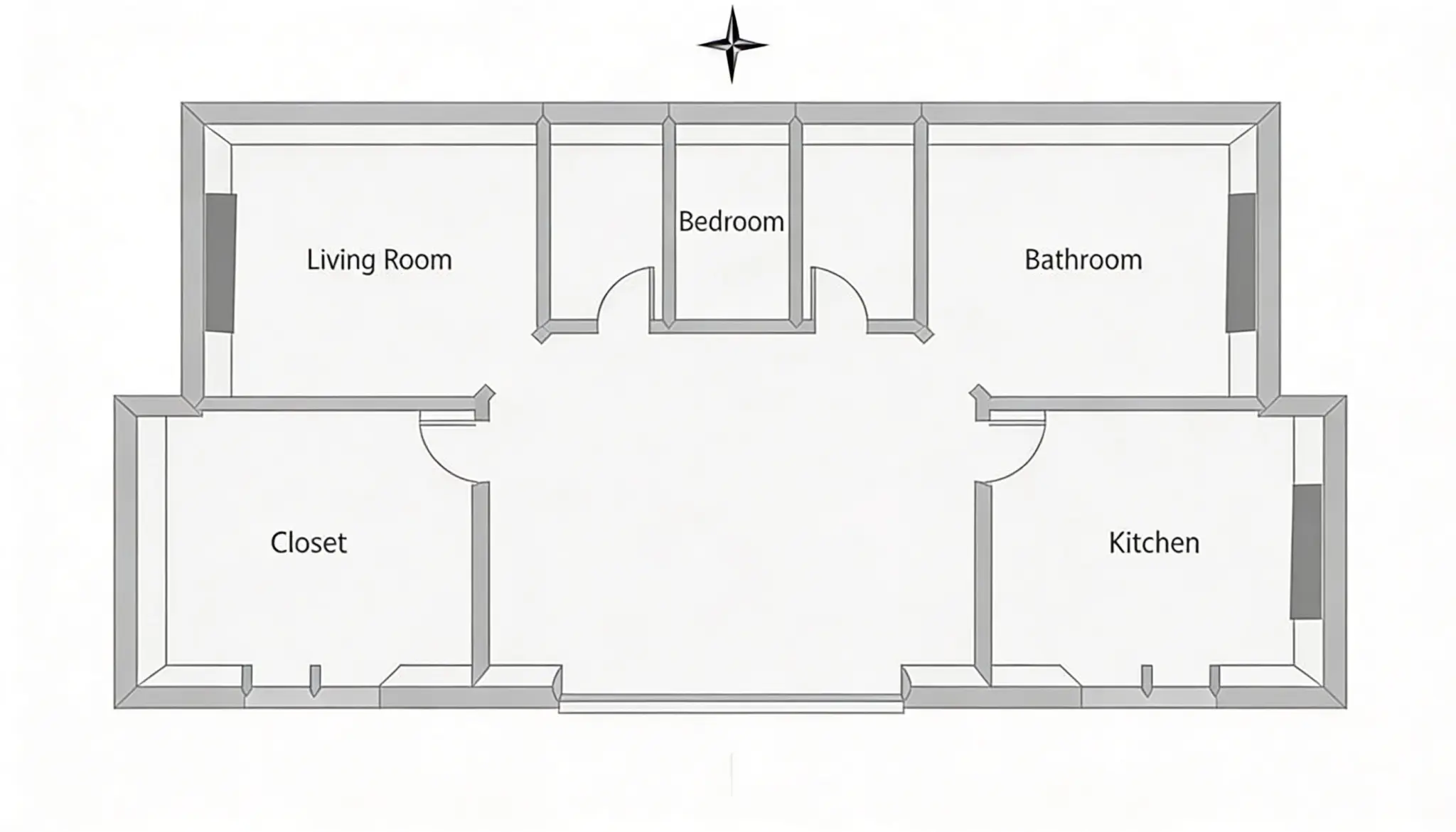 Simple grayscale floor plan showing a Living Room, Closet, central Bedroom, Bathroom, and Kitchen, with a compass rose indicating North at the top