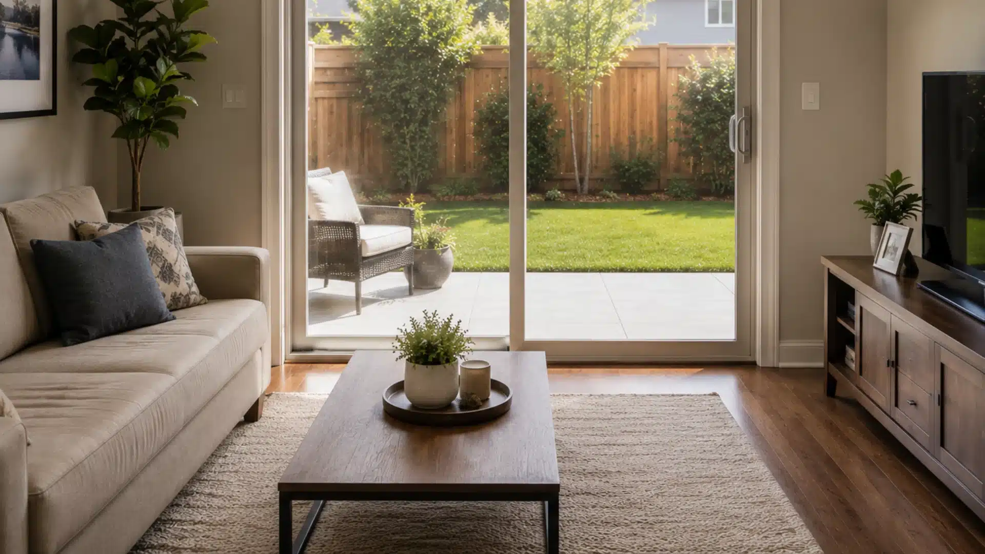 Simple living room with two-panel sliding glass door and backyard view