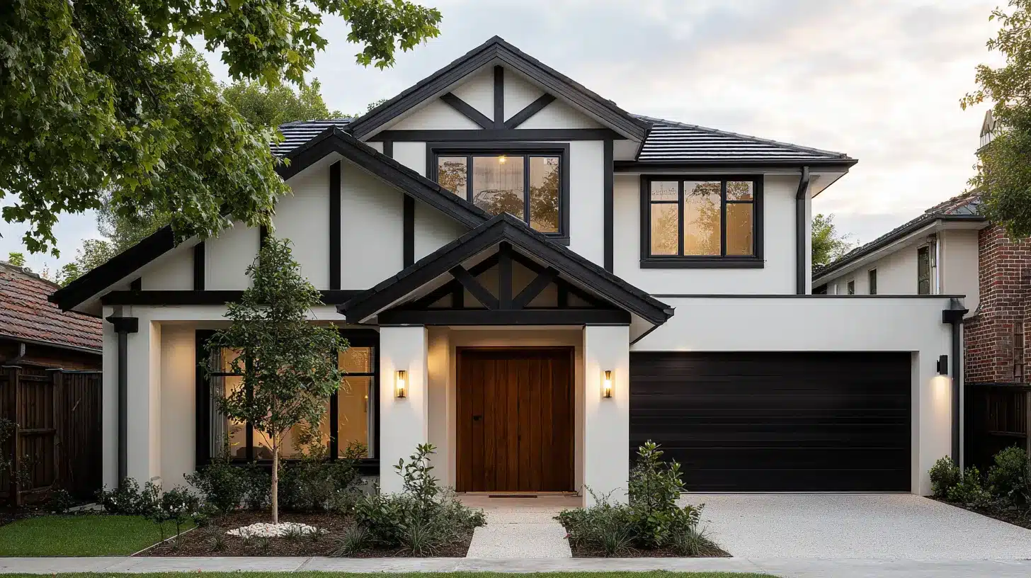 Sleek white home with contrasting black trim and timber details, including a garage, exemplifying modern design elements