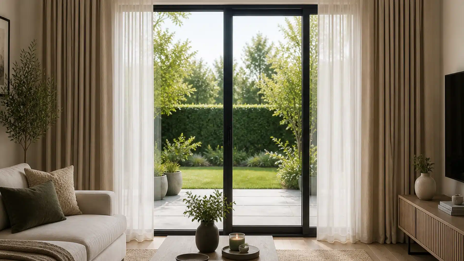 Sliding glass door with full length layered curtains in a neutral modern living room