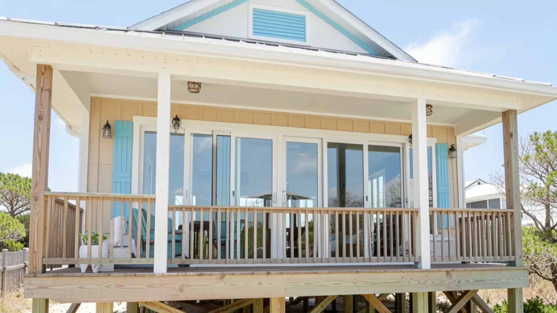 Small, elevated beach cottage with tan siding, light blue accents, and a wooden deck supported by pilings sunk into the sand.
