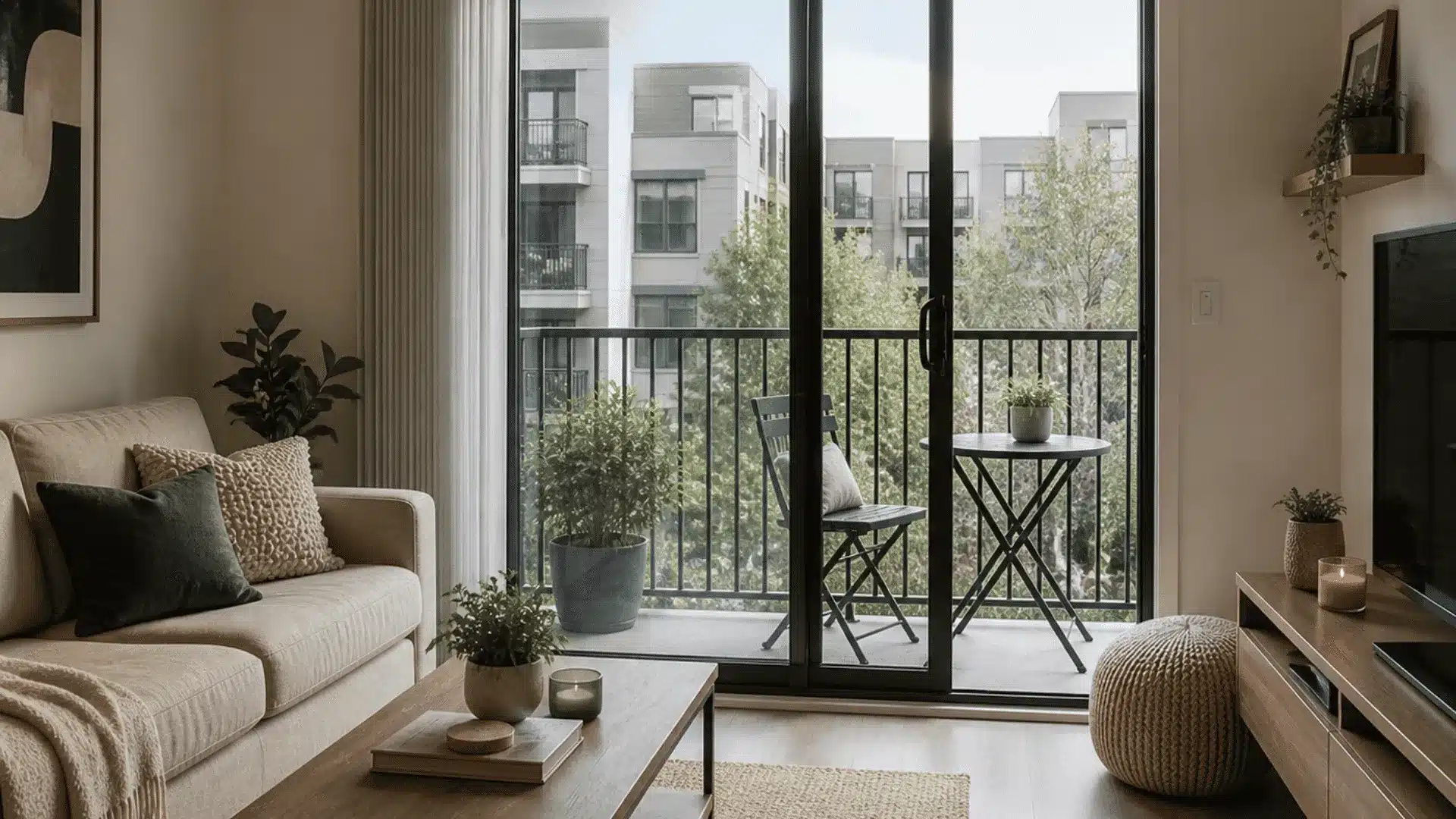 Small living room with two panel sliding glass door and balcony view