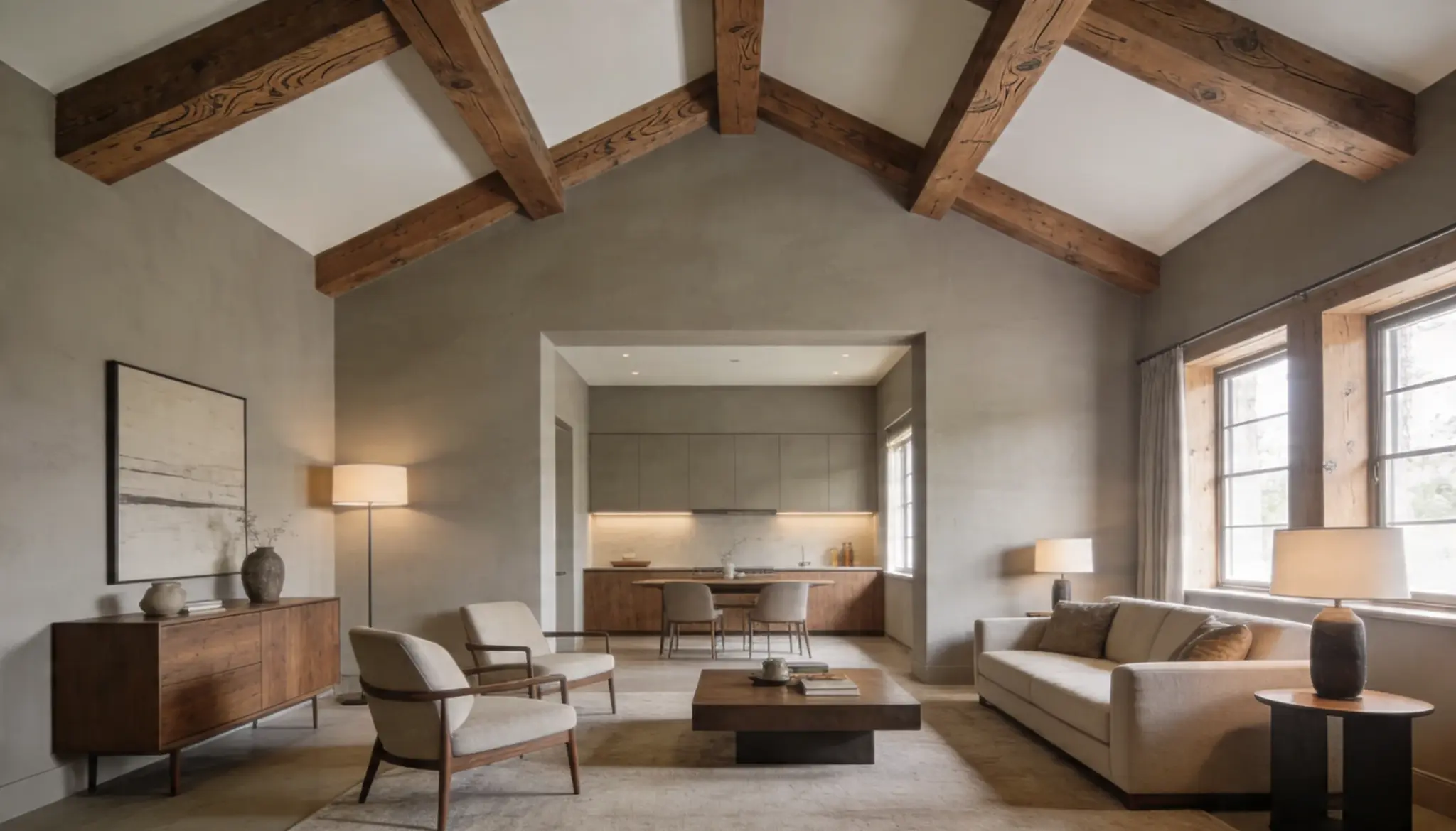 Spacious living room featuring rustic wooden ceiling beams neutral tones modern furniture and an open doorway leading to a contemporary kitchen area - Copy