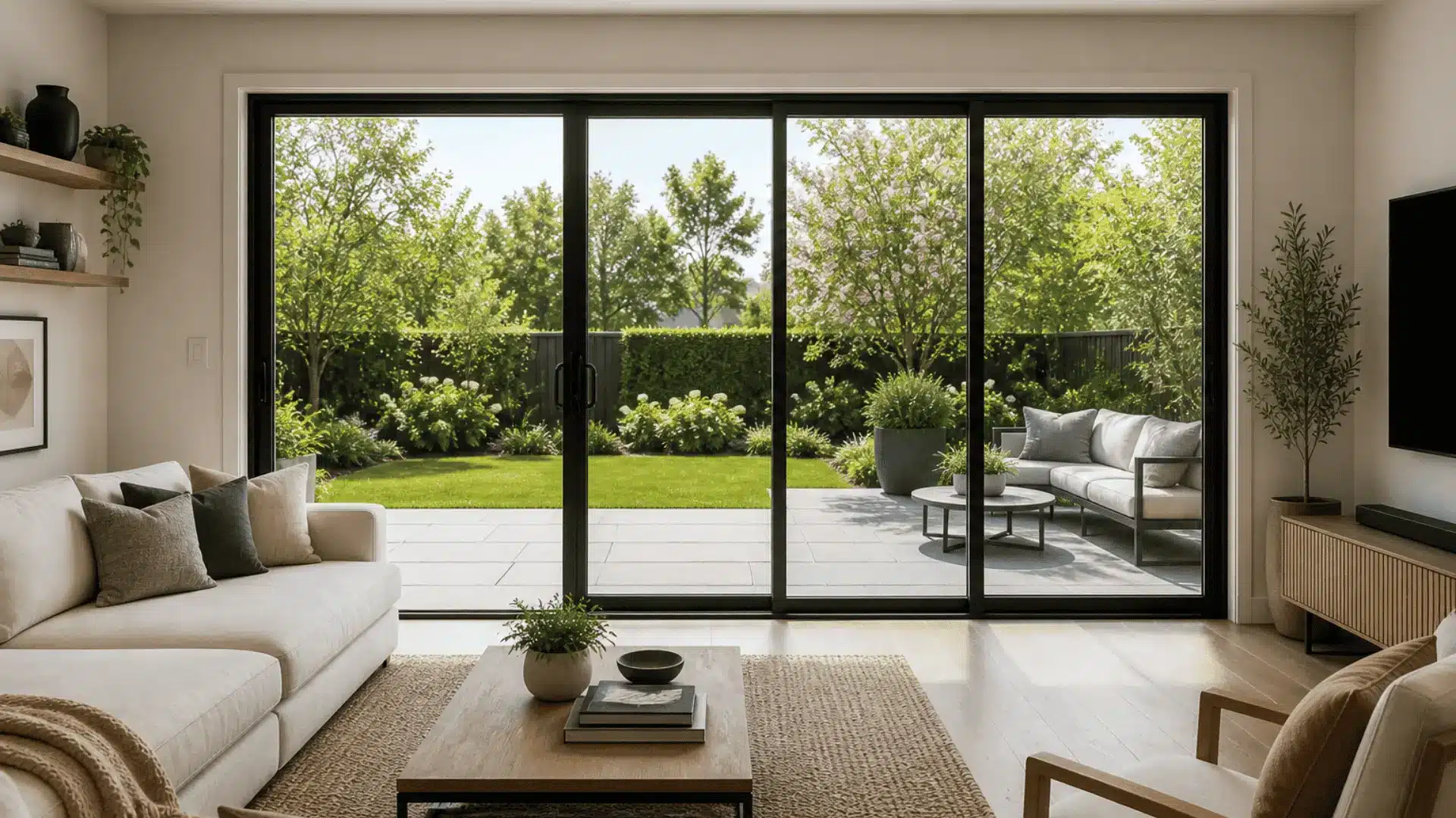 Spacious living room with three panel sliding glass door and garden view