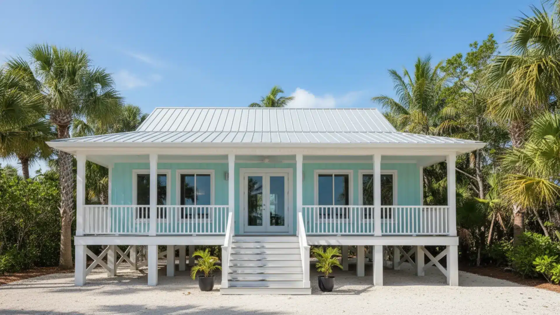 Stilted light blue coastal cottage with a white metal roof and porch, surrounded by lush palm trees under a clear blue sky