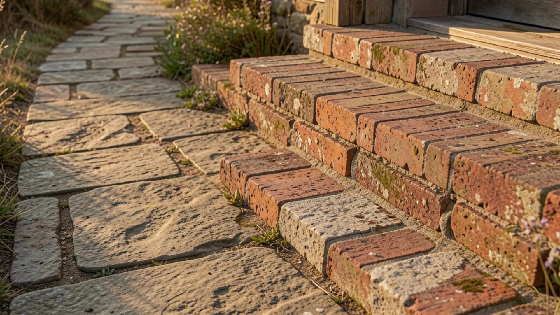 Stone pathway leading to weathered wooden steps of a seaside cabin bathed in warm, low sunlight.