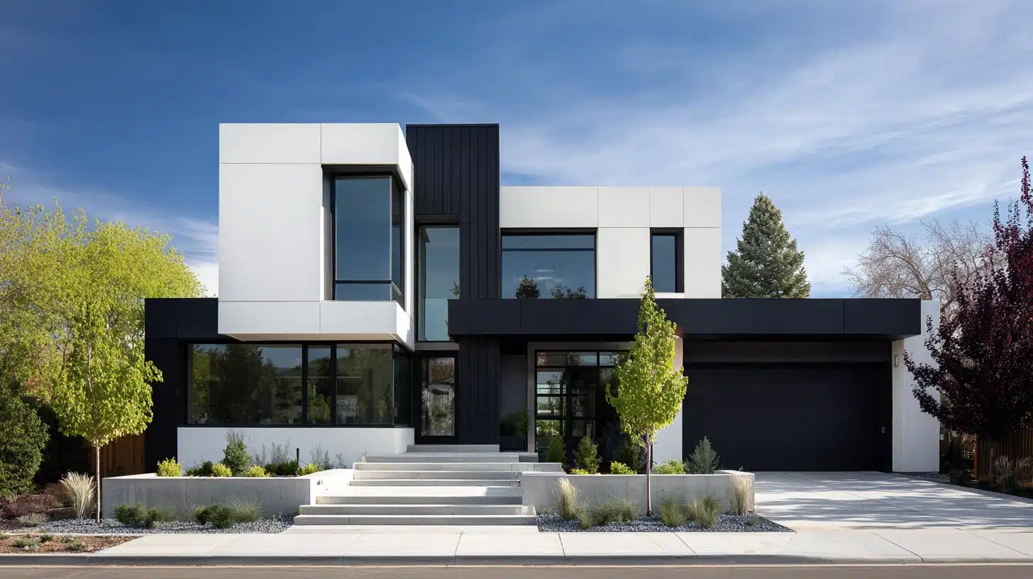 Stylish modern house showcasing a bold half black, half white exterior design