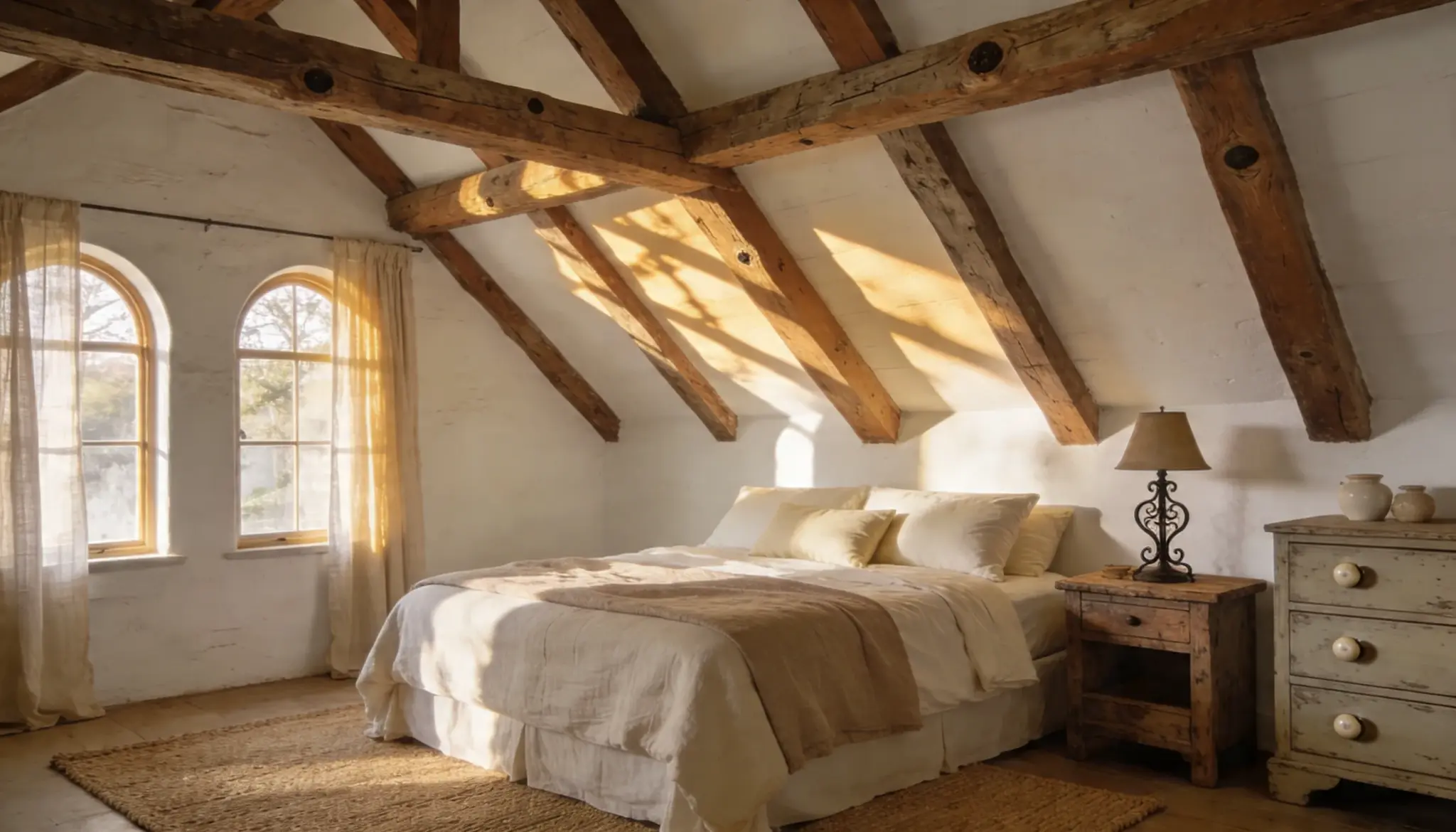 Sunlight streams through an arched window into a cozy bedroom with exposed wooden beams a neatly made bed a rustic nightstand and neutral-toned decor