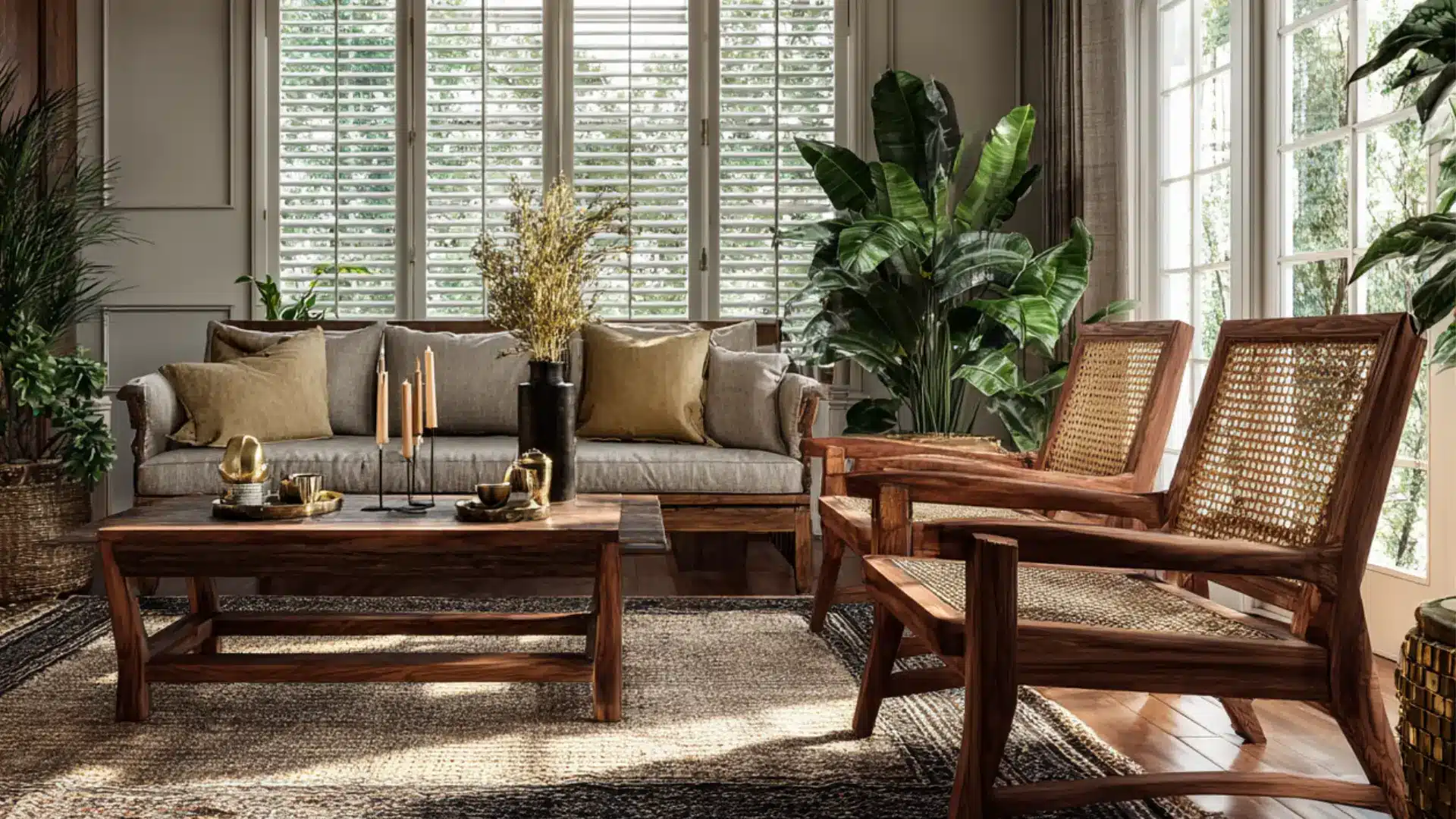 Sunlit living room with a black wood coffee table woven rug cane chair white sofa framed art and green indoor tropicals