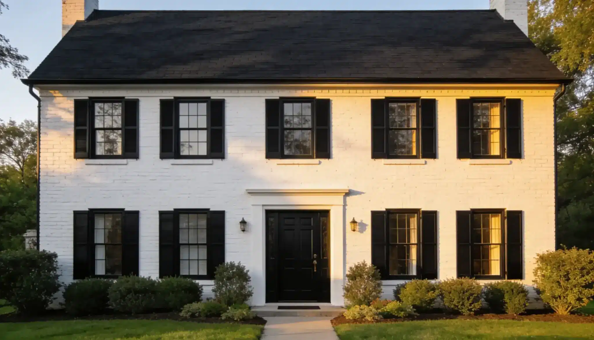 Symmetrical two-story colonial house with white painted brick exterior, a black roof, and black window shutters framing the windows surrounding a central black front door