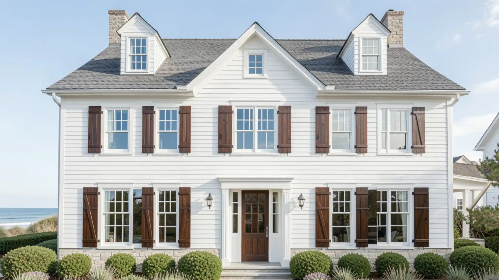 Symmetrical white clapboard colonial-style house with dark wood shutters situated near ocean dunes under a bright sky.