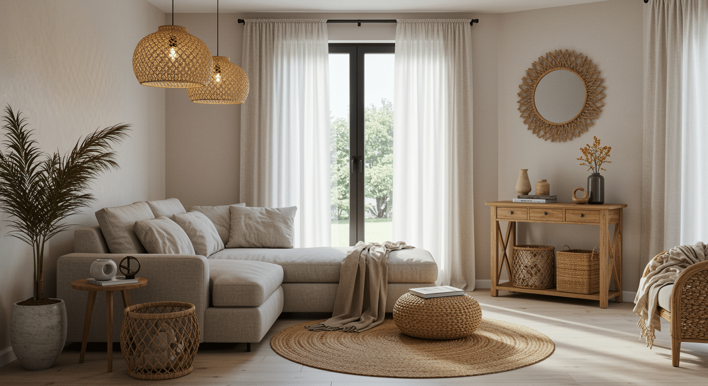 Bright coastal living room with woven textures, neutral sectional sofa, rattan decor, soft curtains, and warm natural tones creating a relaxed beach-inspired space