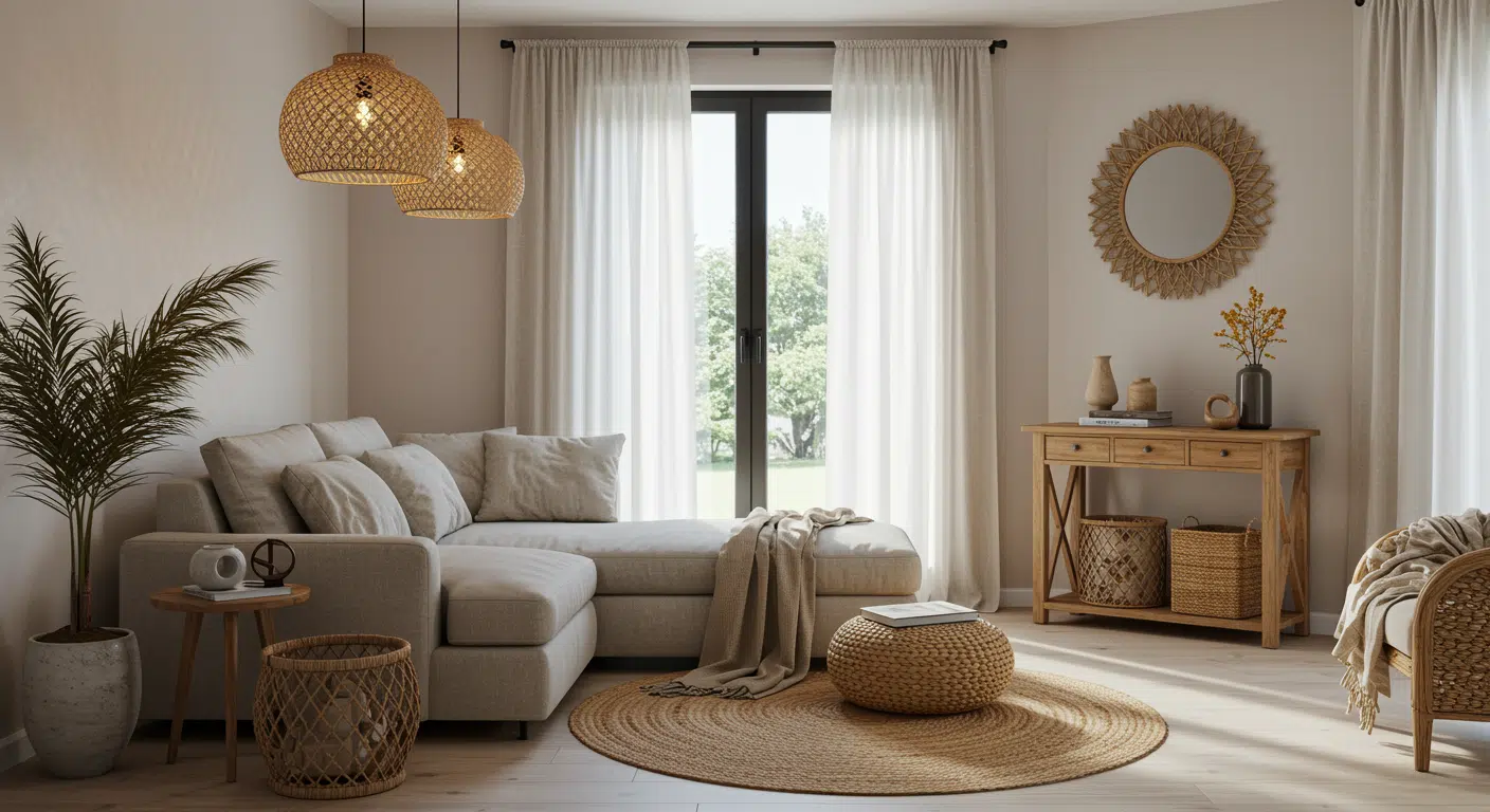 Bright coastal living room with woven textures, neutral sectional sofa, rattan decor, soft curtains, and warm natural tones creating a relaxed beach-inspired space