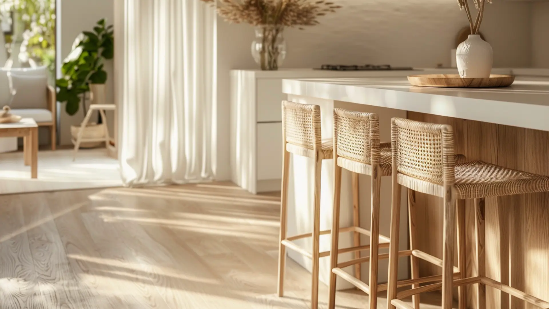 Three woven bar stools sit at a light wood kitchen island in a sunlit room with minimal decor and warm neutral accents