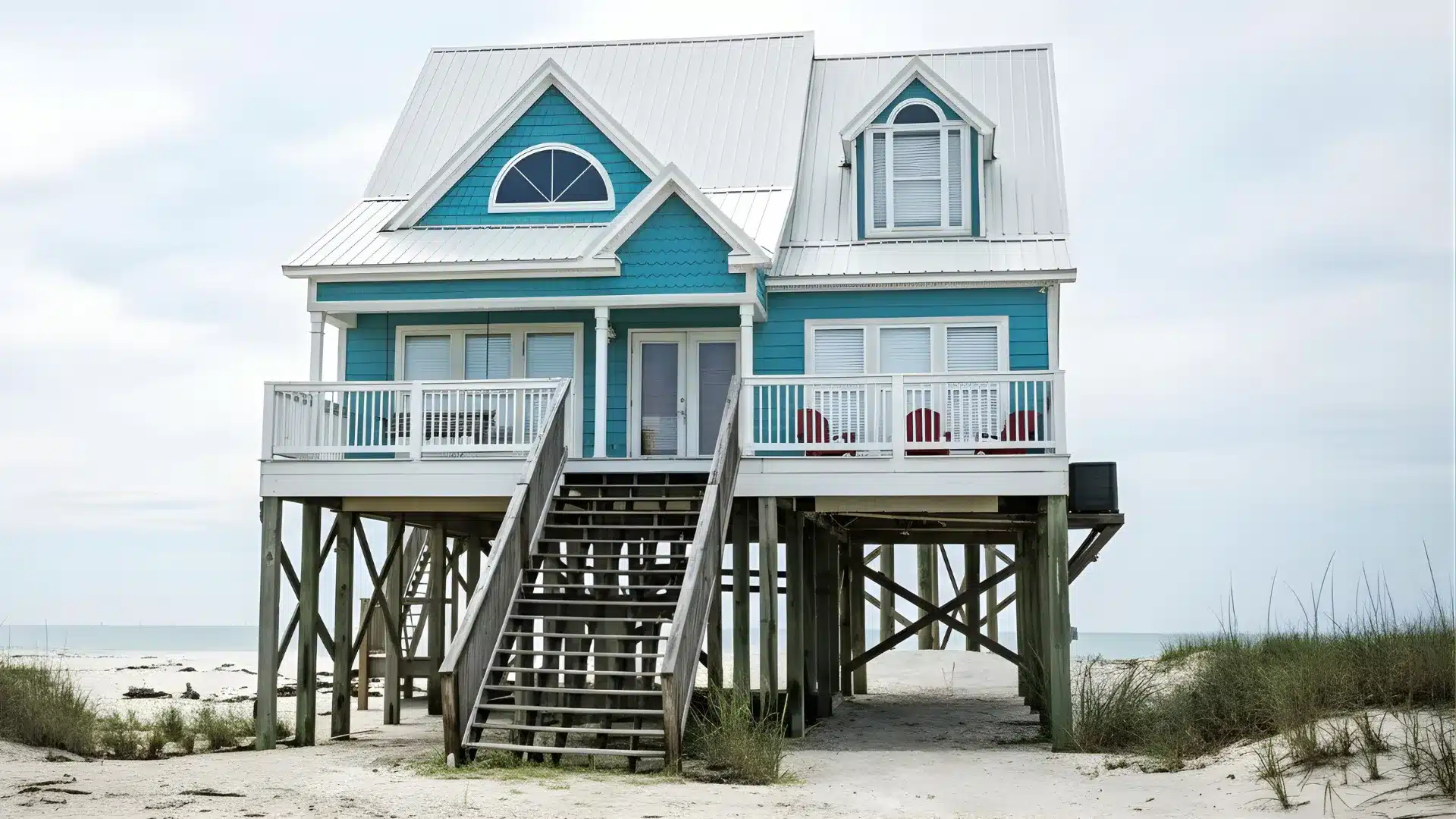 Turquoise beach house on tall stilts with white trim and metal roof overlooking a sandy shore under a bright, overcast sky